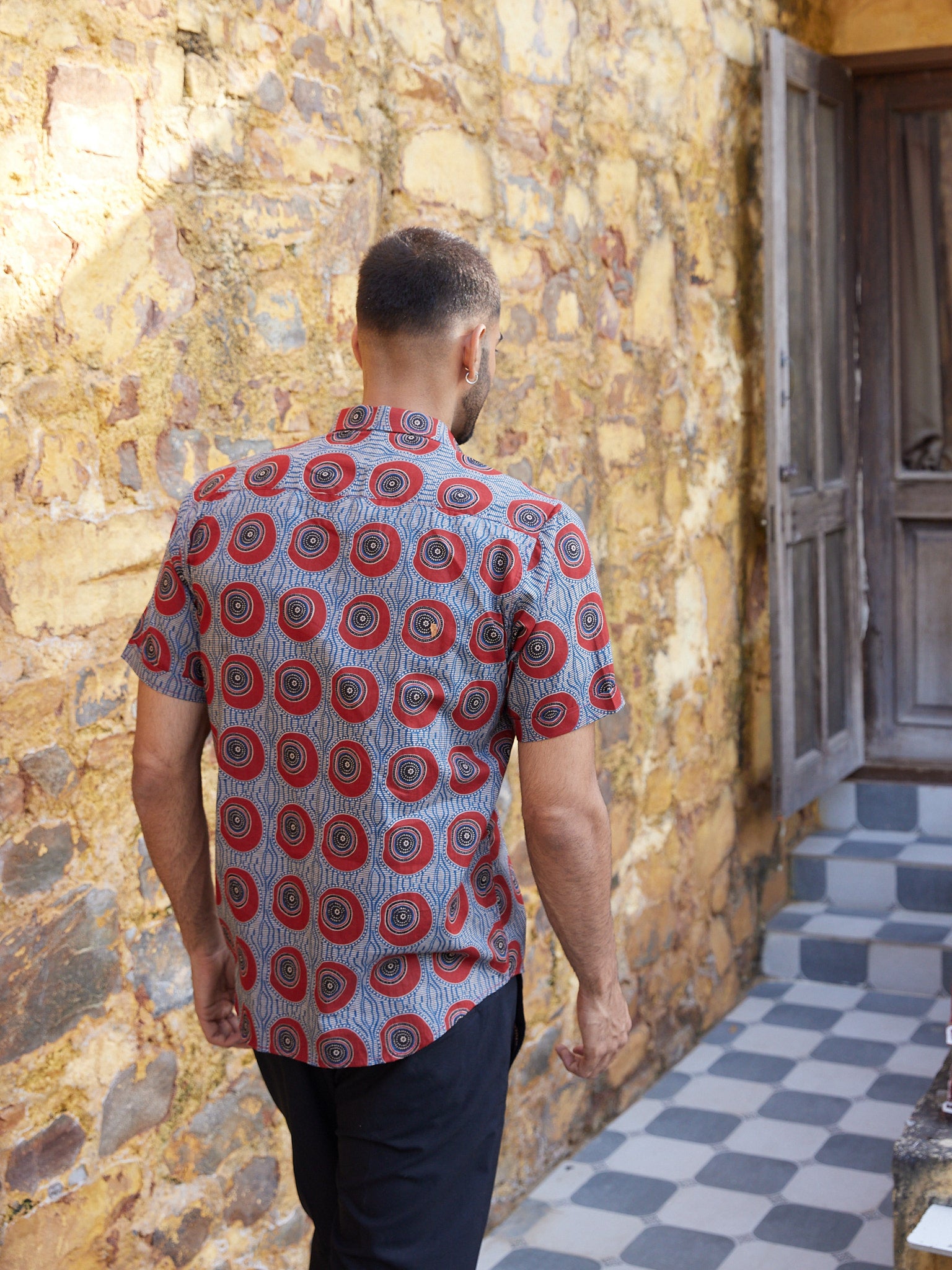 Cotton Blue-Red Ajrakh Geometric Men's Half Sleeves Shirt