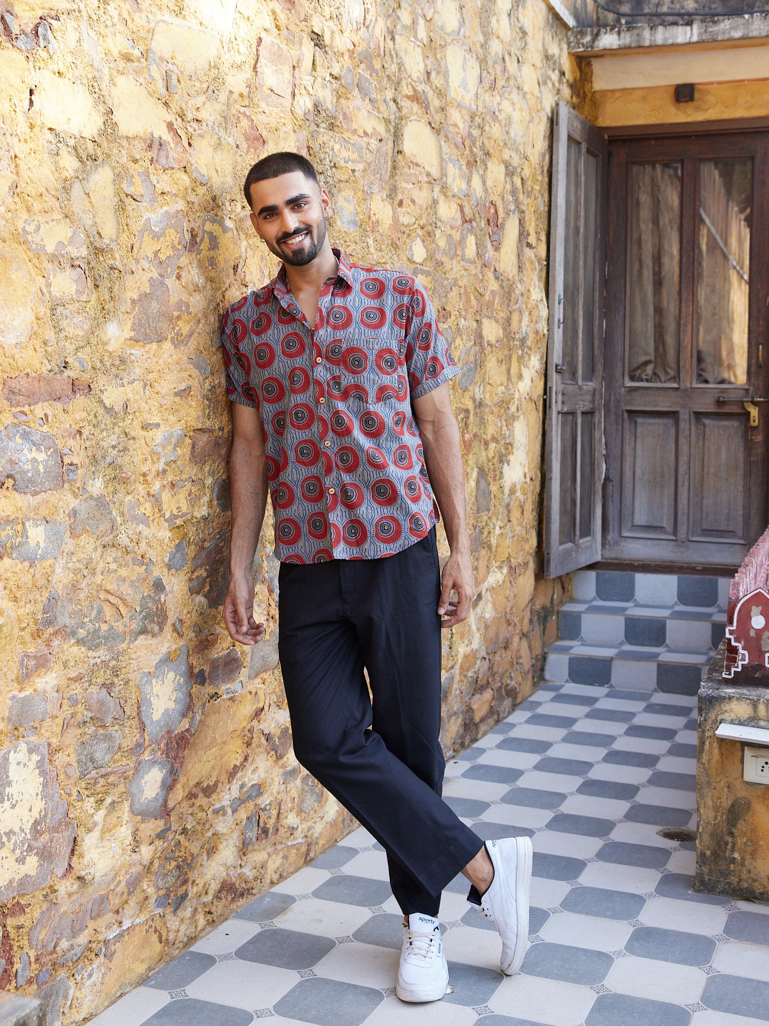 Cotton Blue-Red Ajrakh Geometric Men's Half Sleeves Shirt