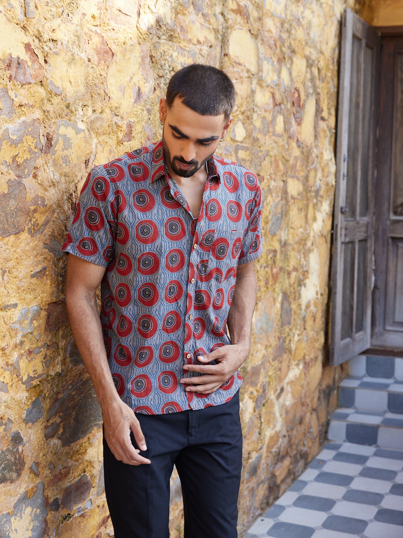 Cotton Blue-Red Ajrakh Geometric Men's Half Sleeves Shirt