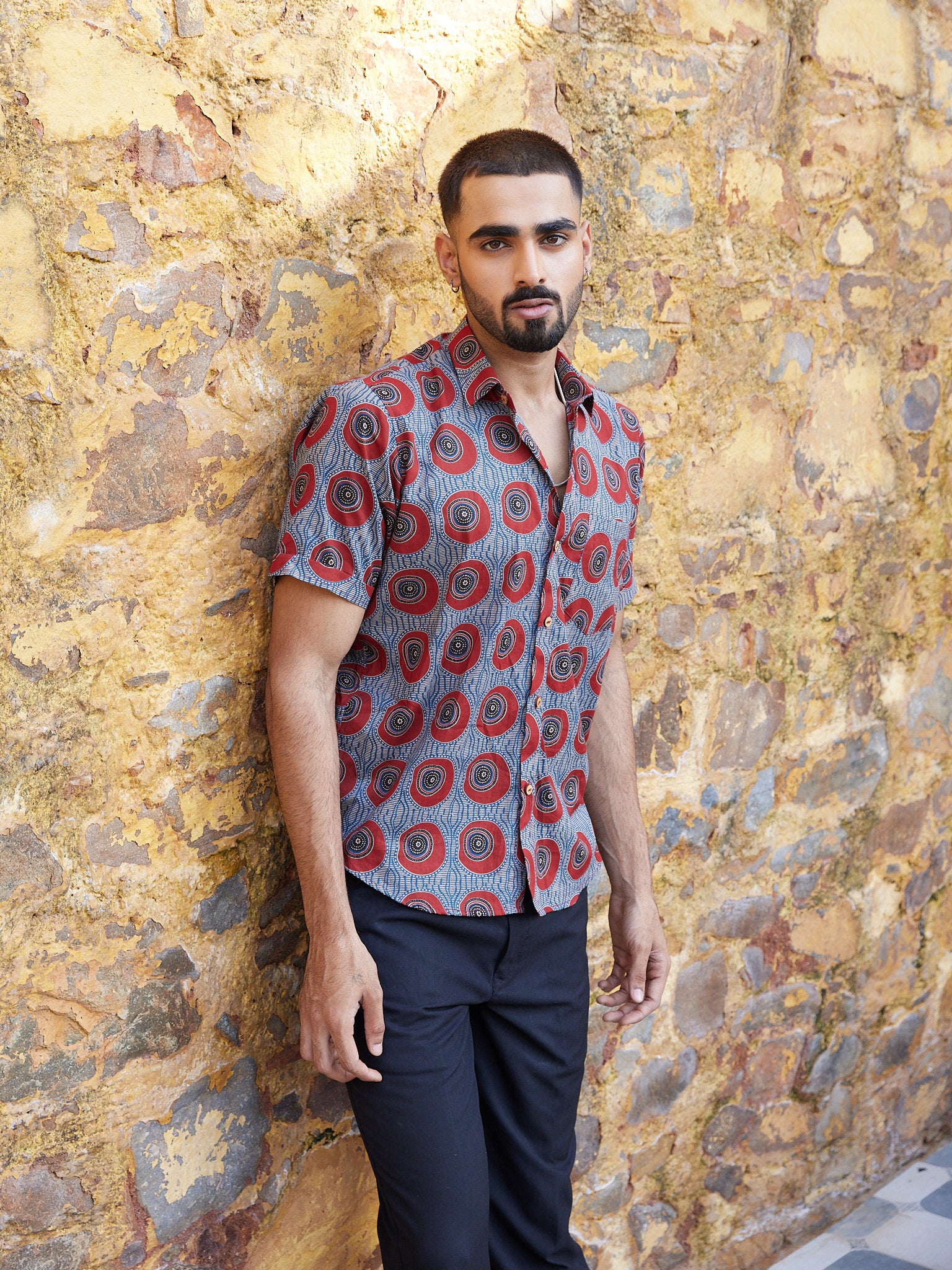Cotton Blue-Red Ajrakh Geometric Men's Half Sleeves Shirt