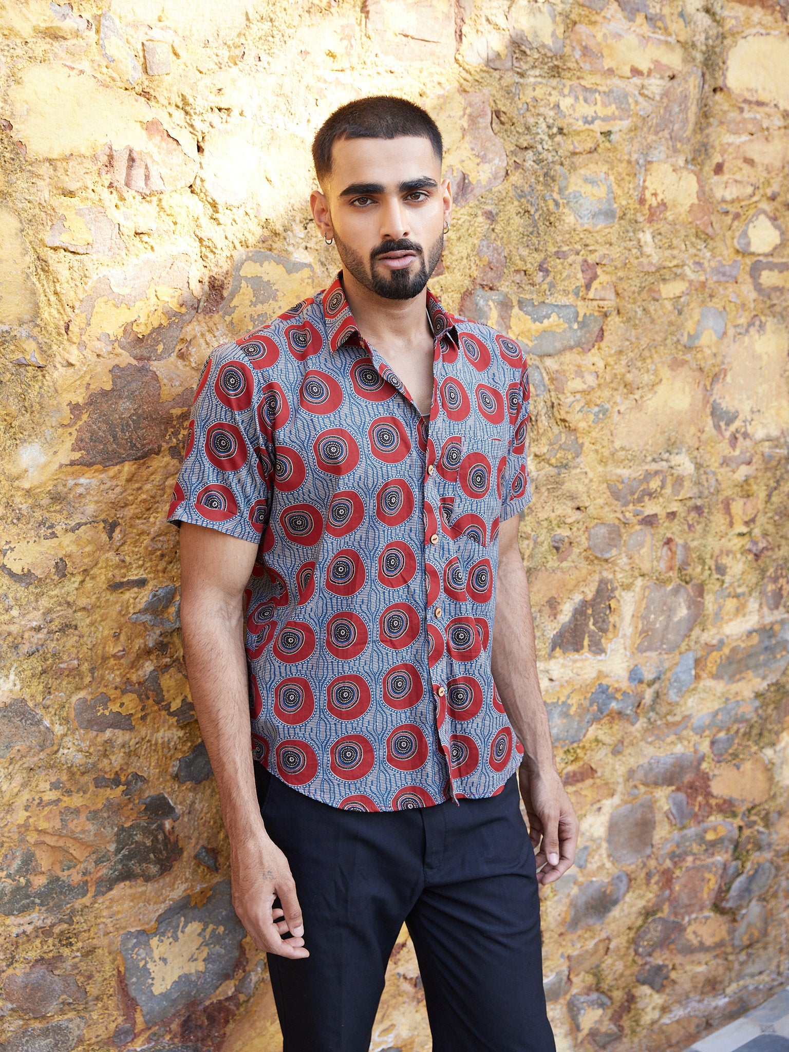 Cotton Blue-Red Ajrakh Geometric Men's Half Sleeves Shirt