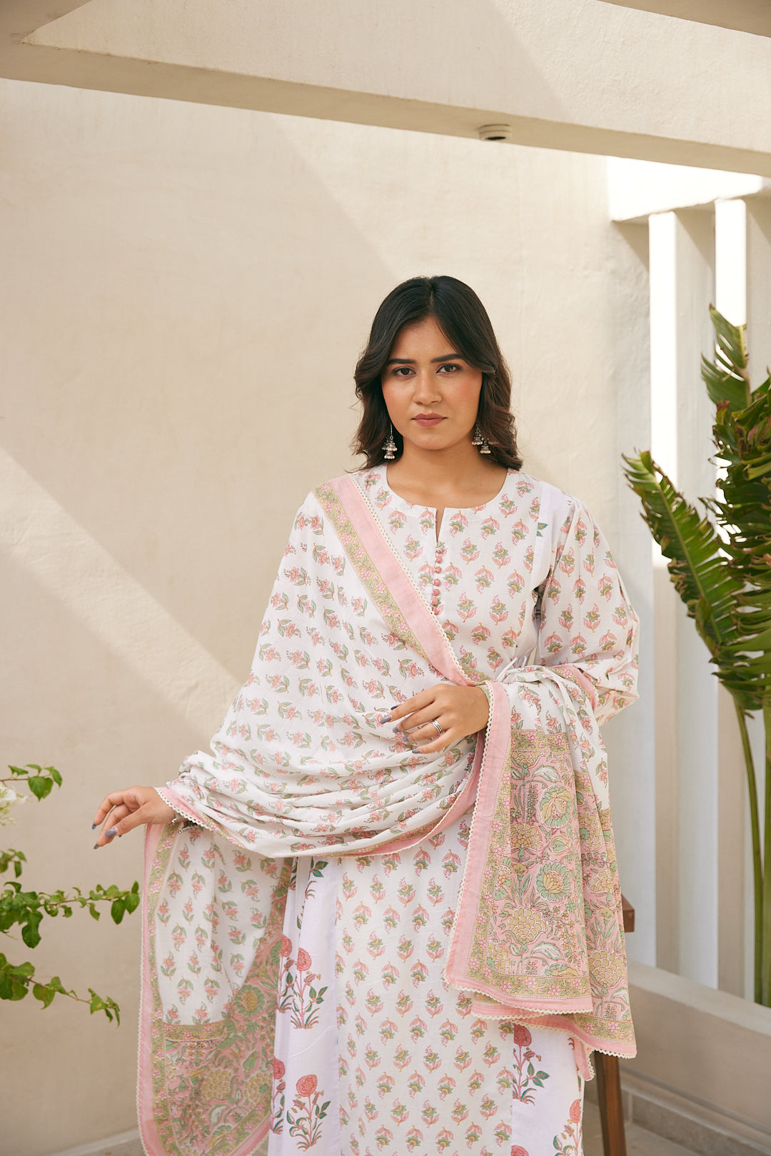 Cotton White-Pink Floral Women's Suit Set