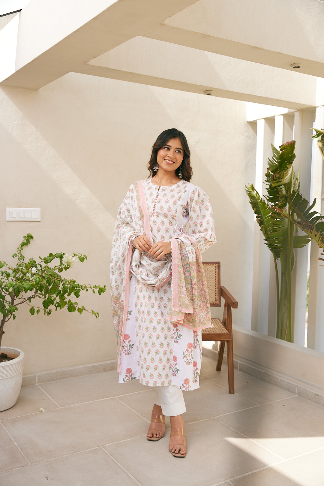 Cotton White-Pink Floral Women's Suit Set