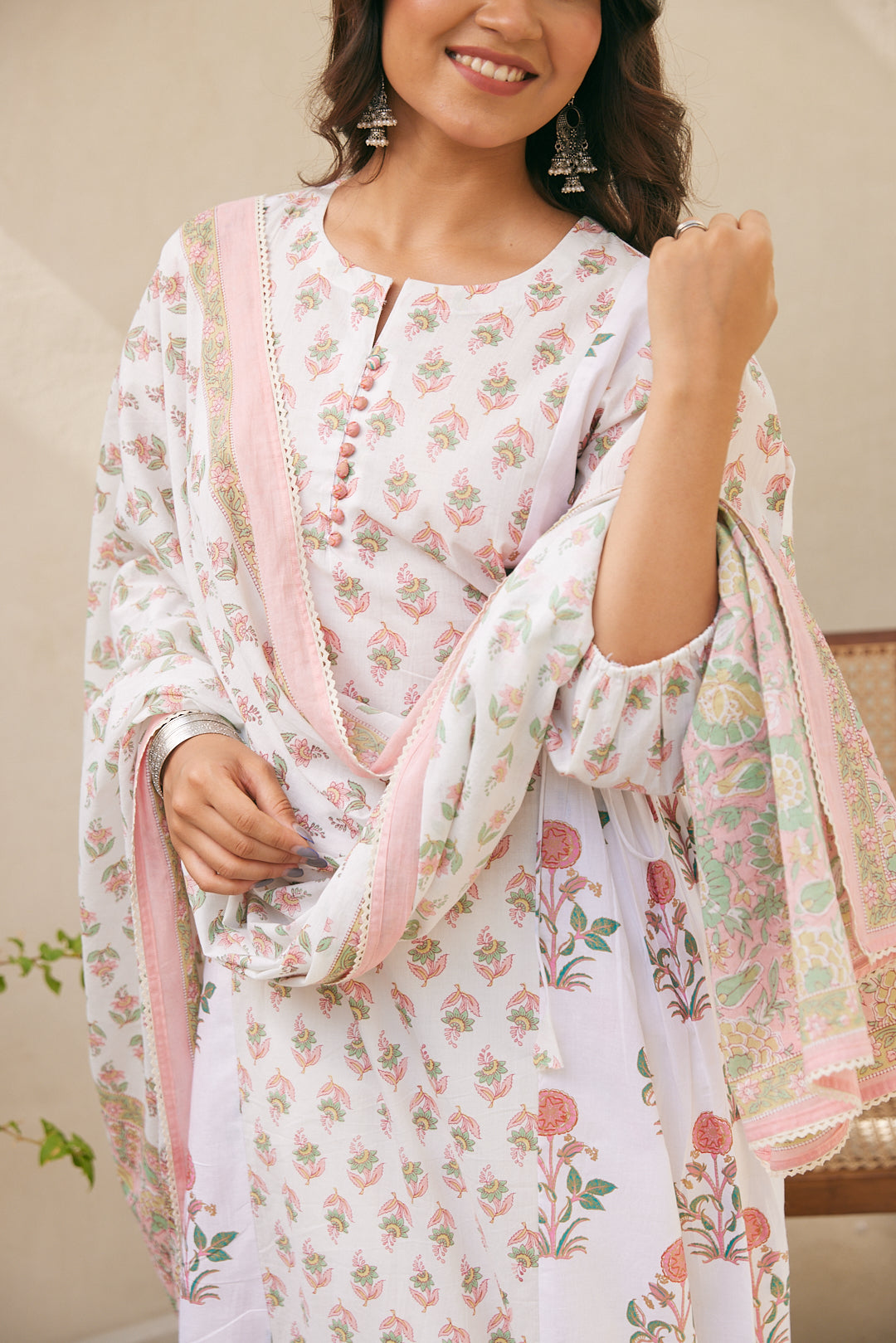 Cotton White-Pink Floral Women's Suit Set