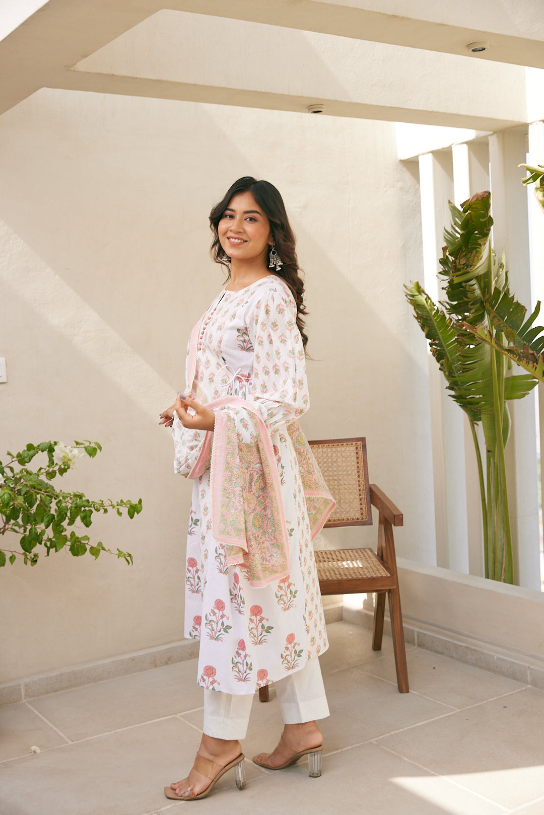 Cotton White-Pink Floral Women's Suit Set