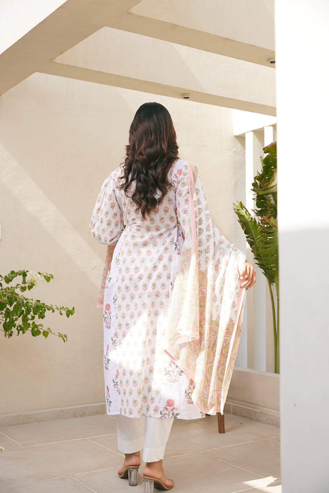 Cotton White-Pink Floral Women's Suit Set