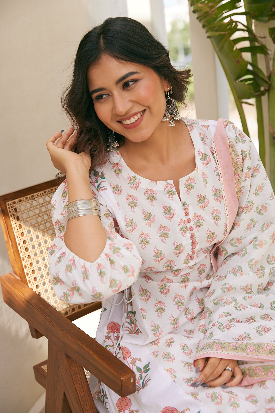 Cotton White-Pink Floral Women's Suit Set