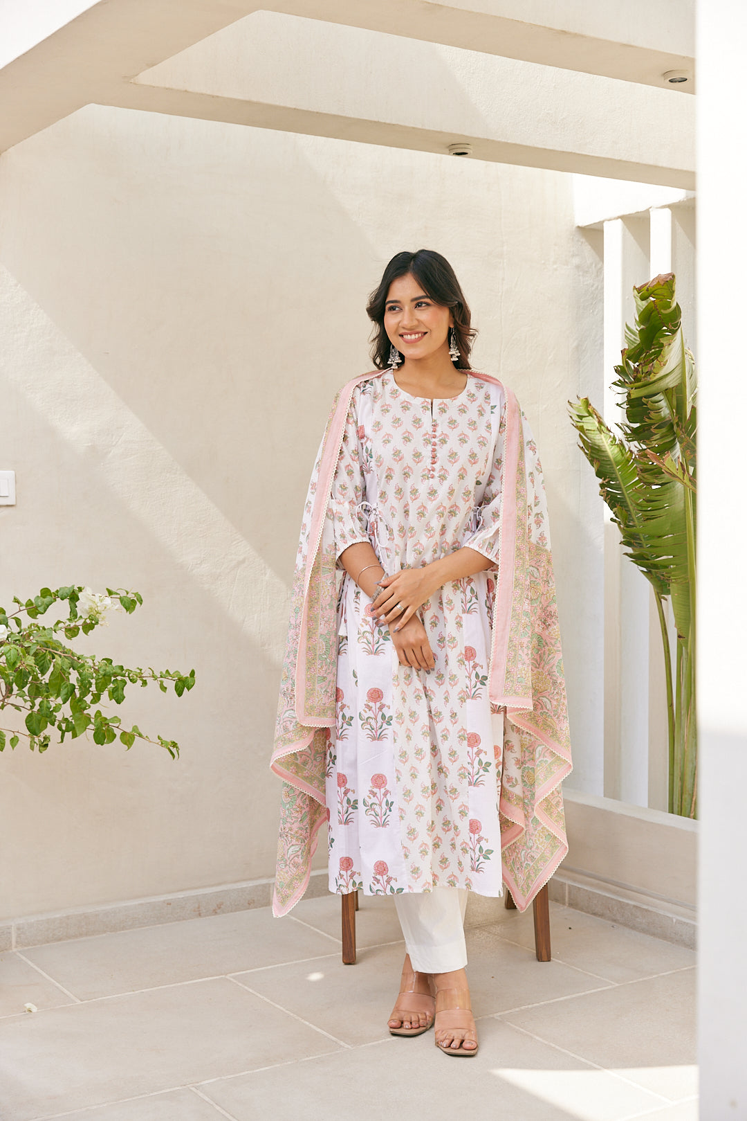 Cotton White-Pink Floral Women's Suit Set