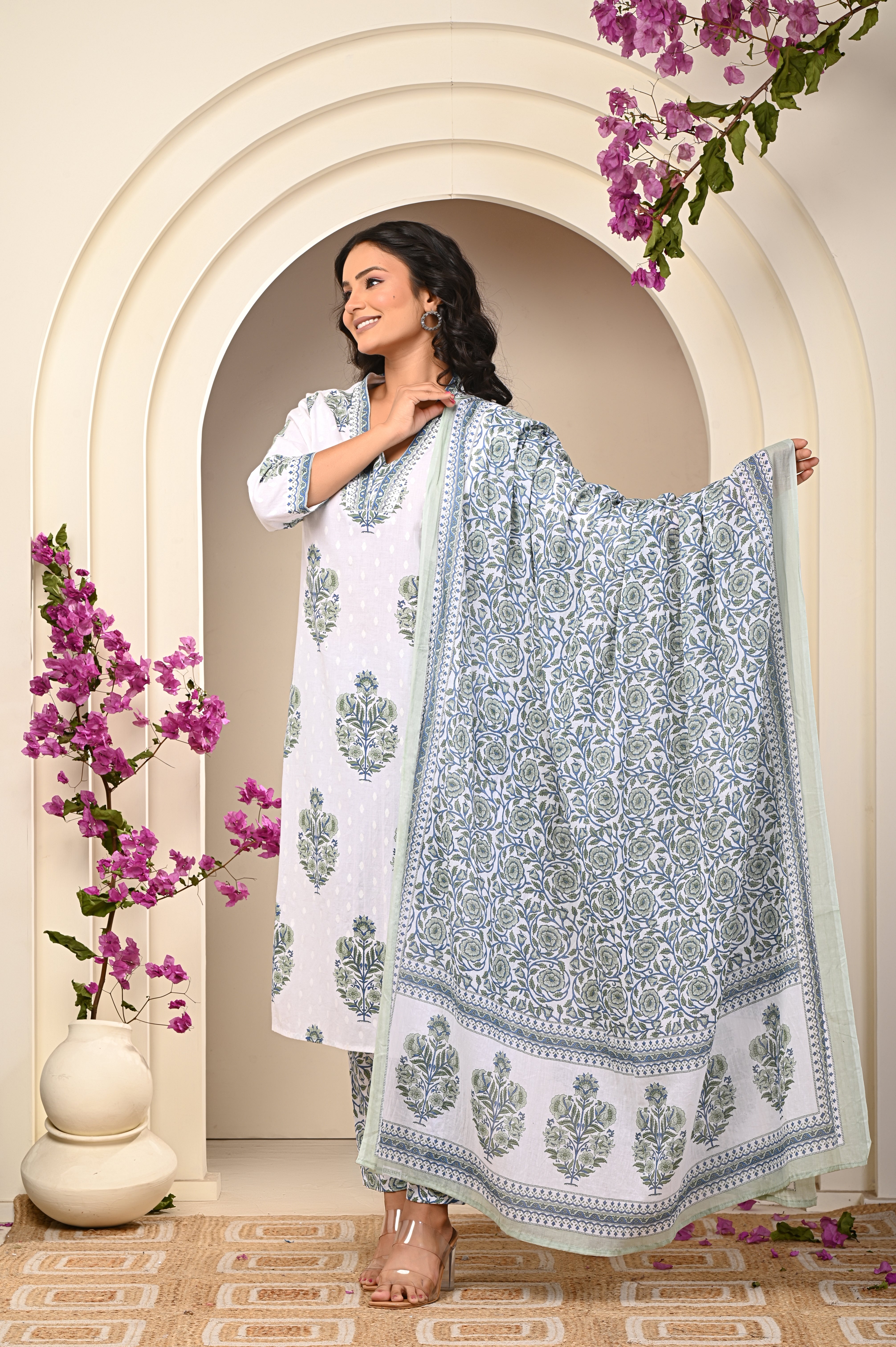 Cotton White-Green Floral Women's Suit Set