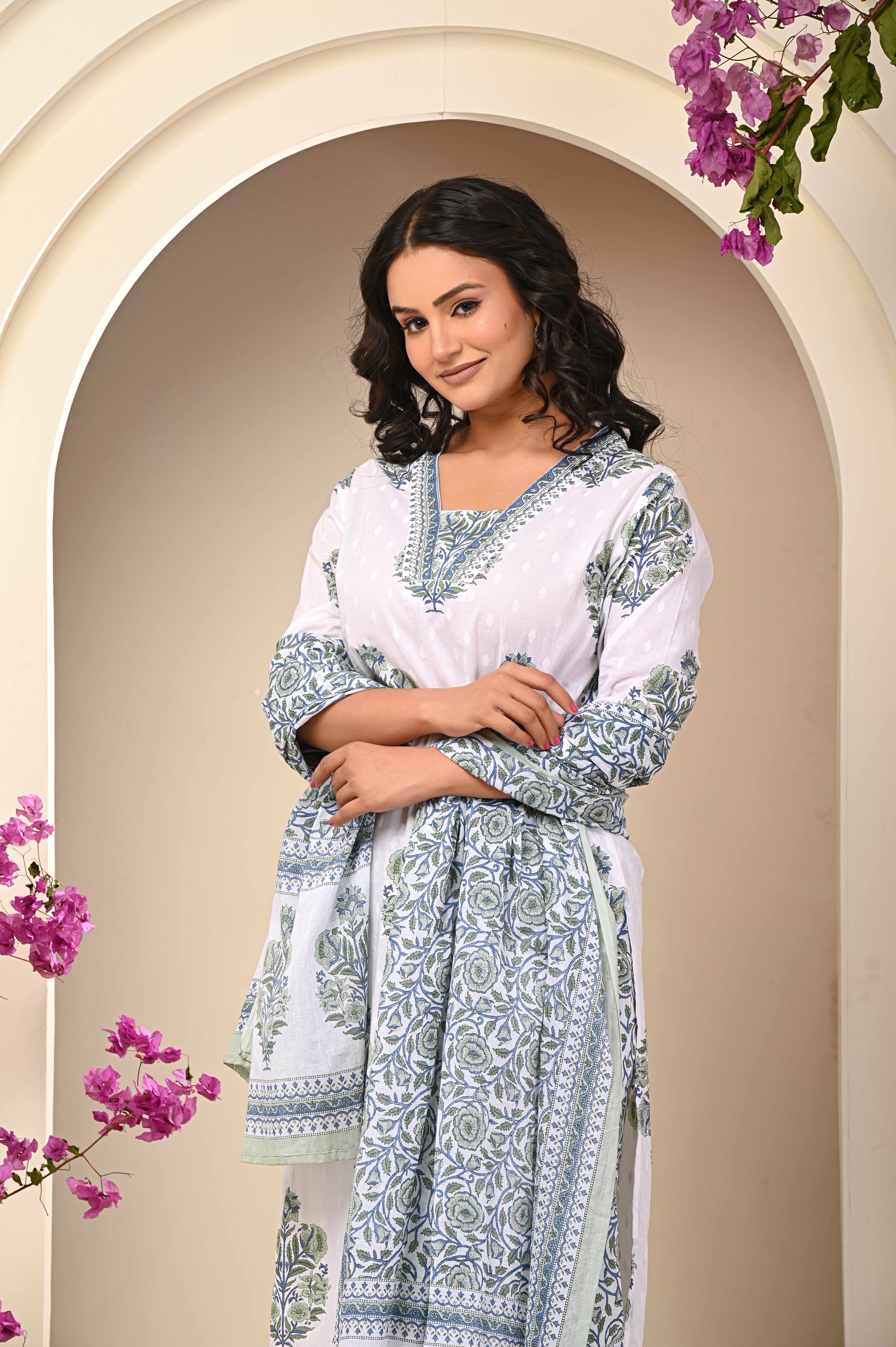 Cotton White-Green Floral Women's Suit Set