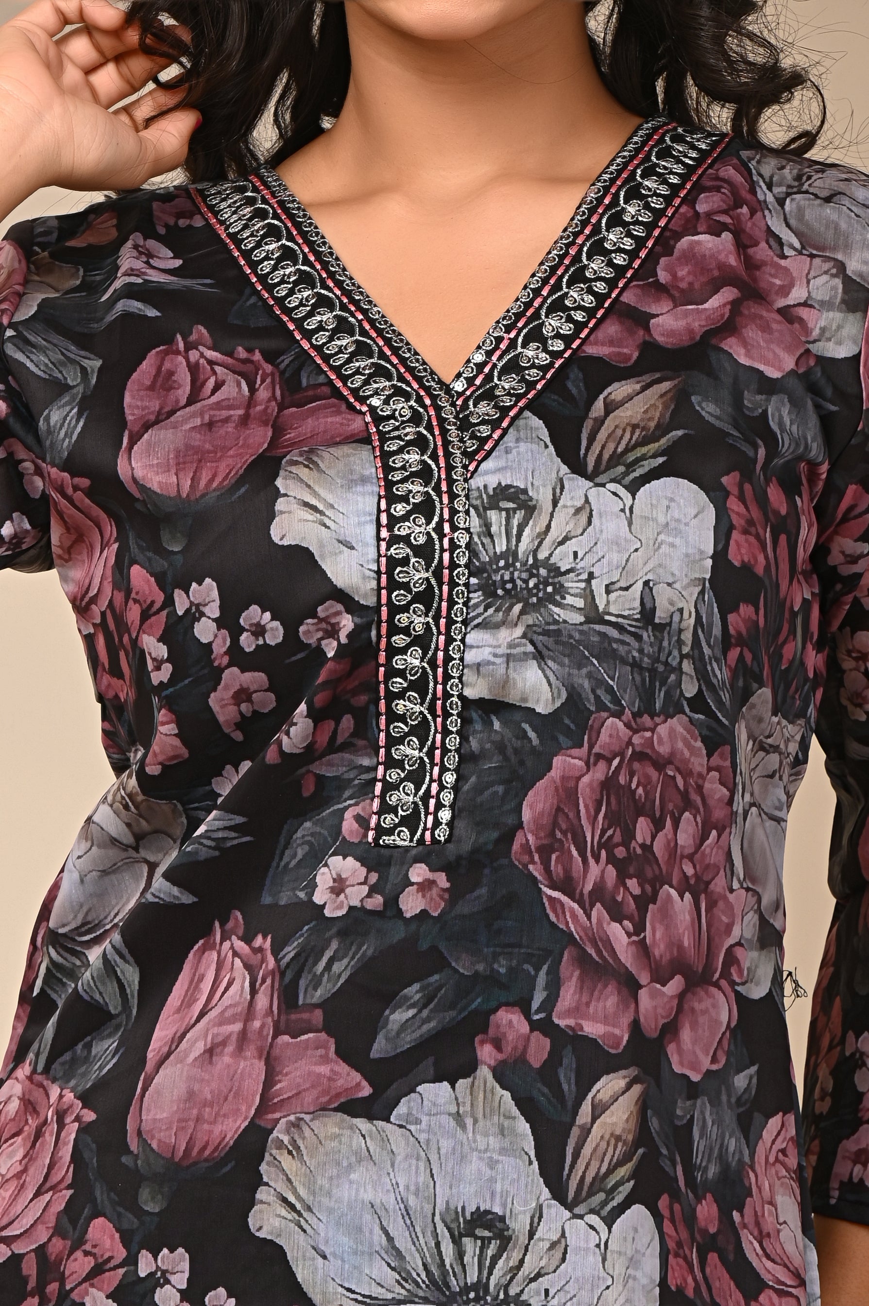 Organza Black-Pink Floral Women's Suit Set