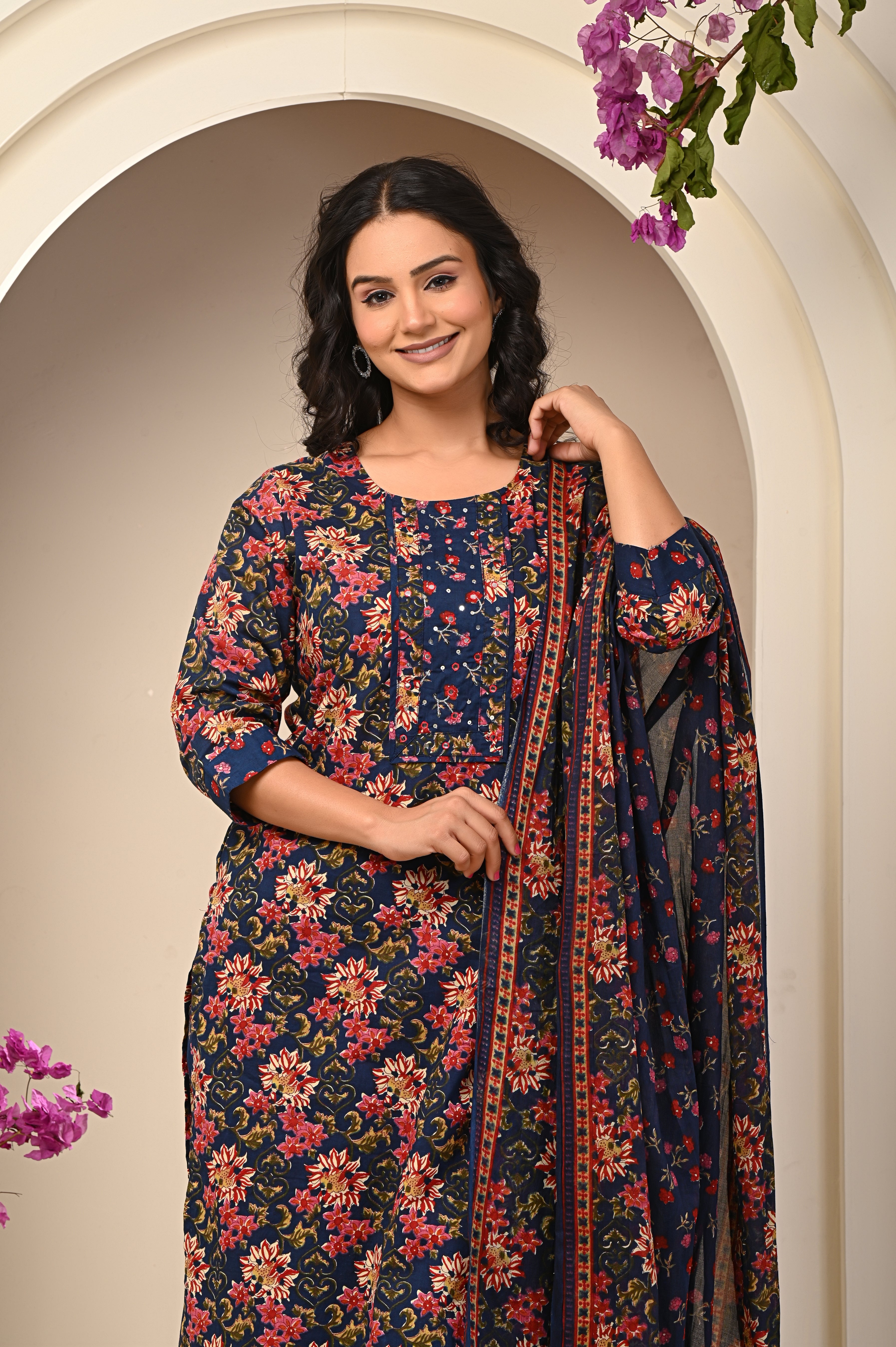 Cotton Blue-Red Floral Women's Suit Set