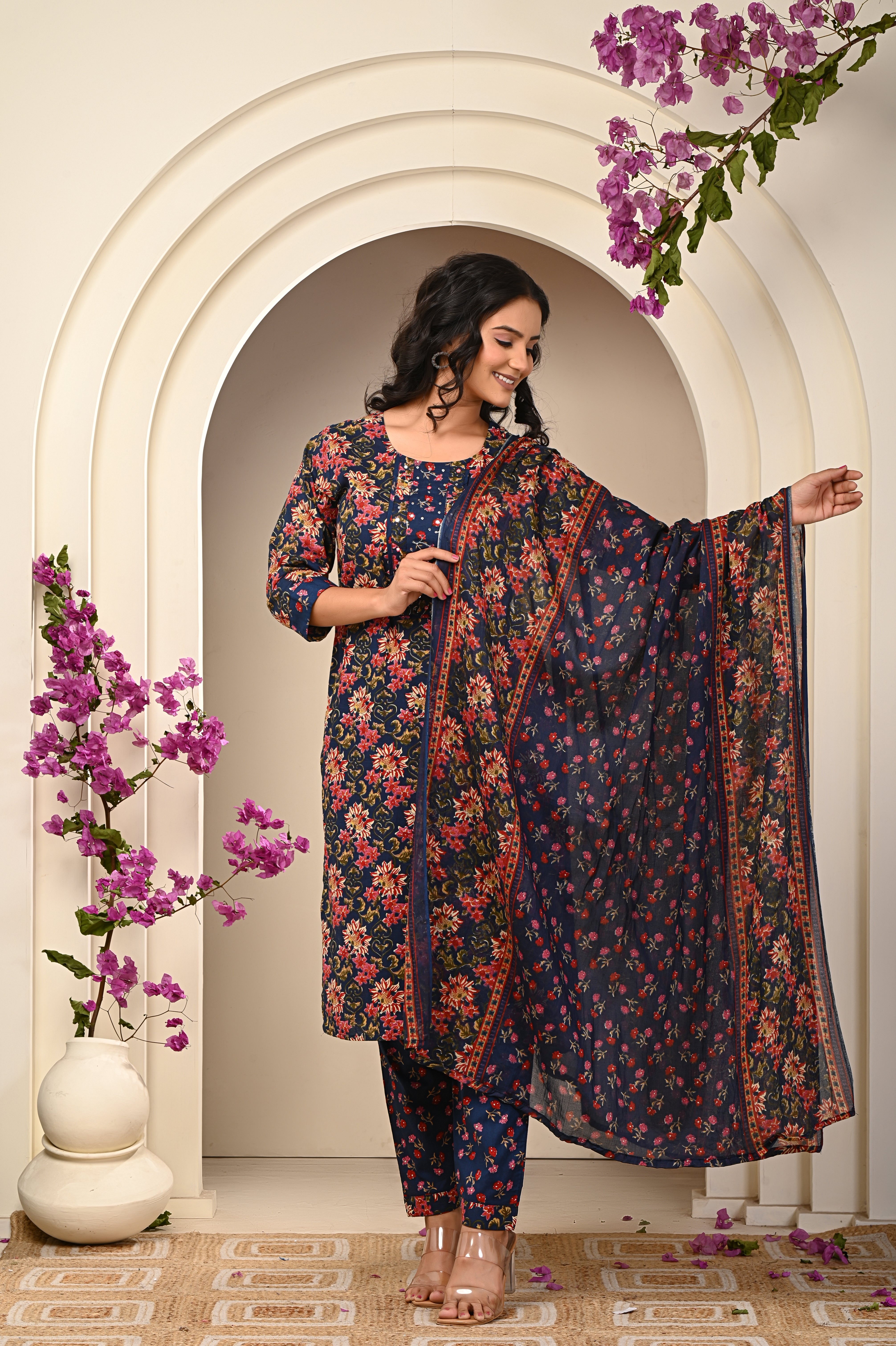 Cotton Blue-Red Floral Women's Suit Set