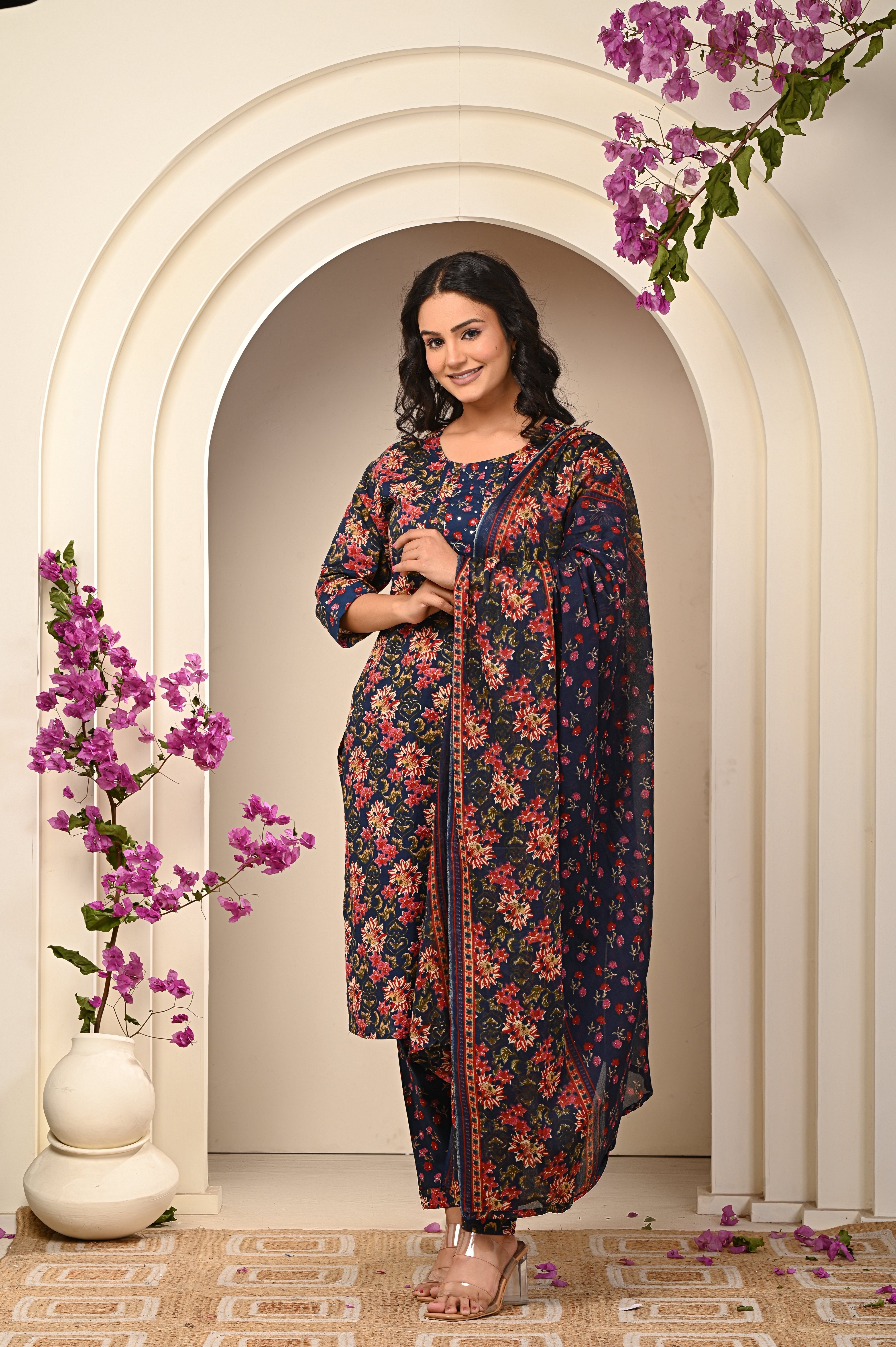 Cotton Blue-Red Floral Women's Suit Set