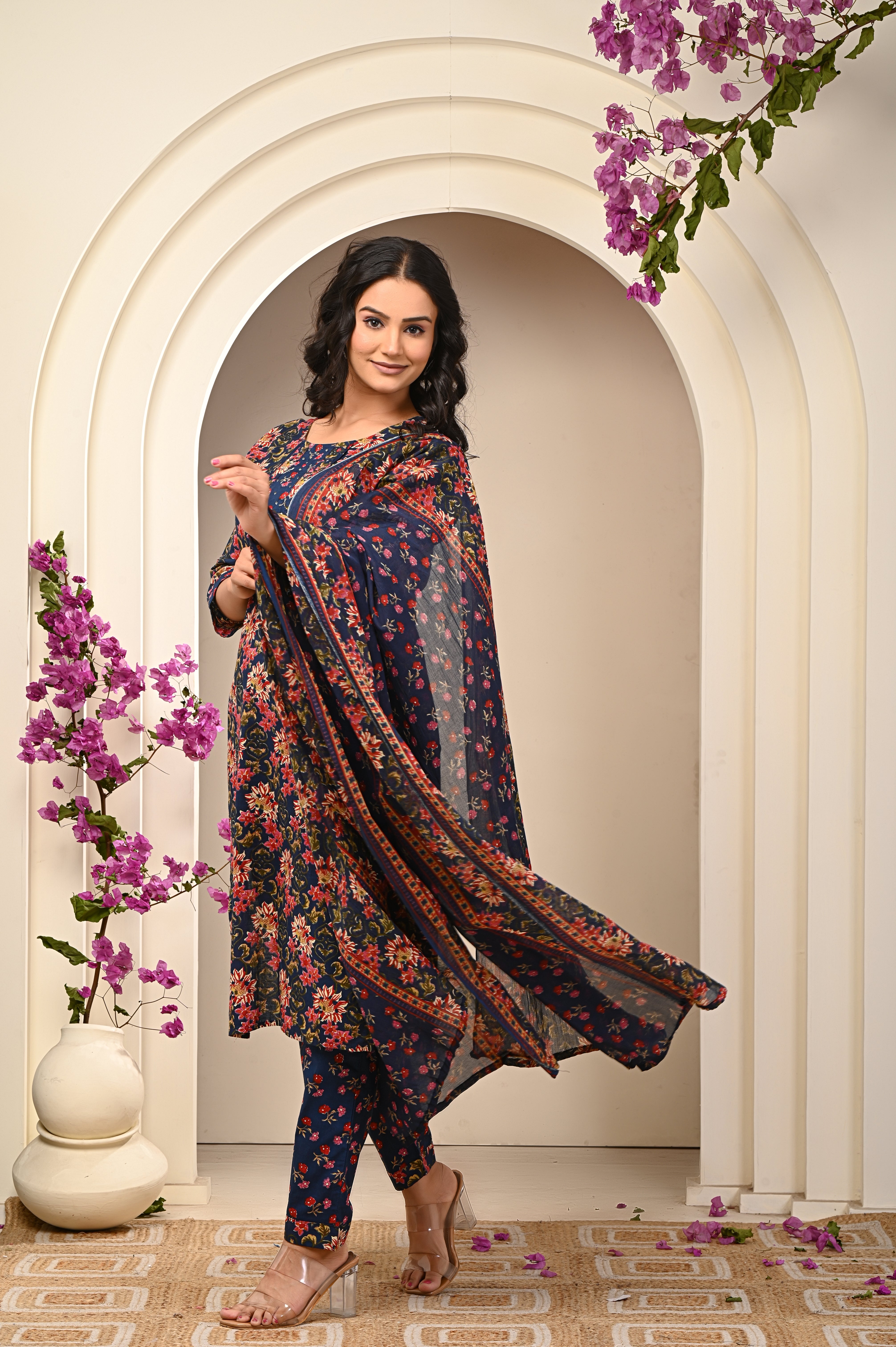 Cotton Blue-Red Floral Women's Suit Set