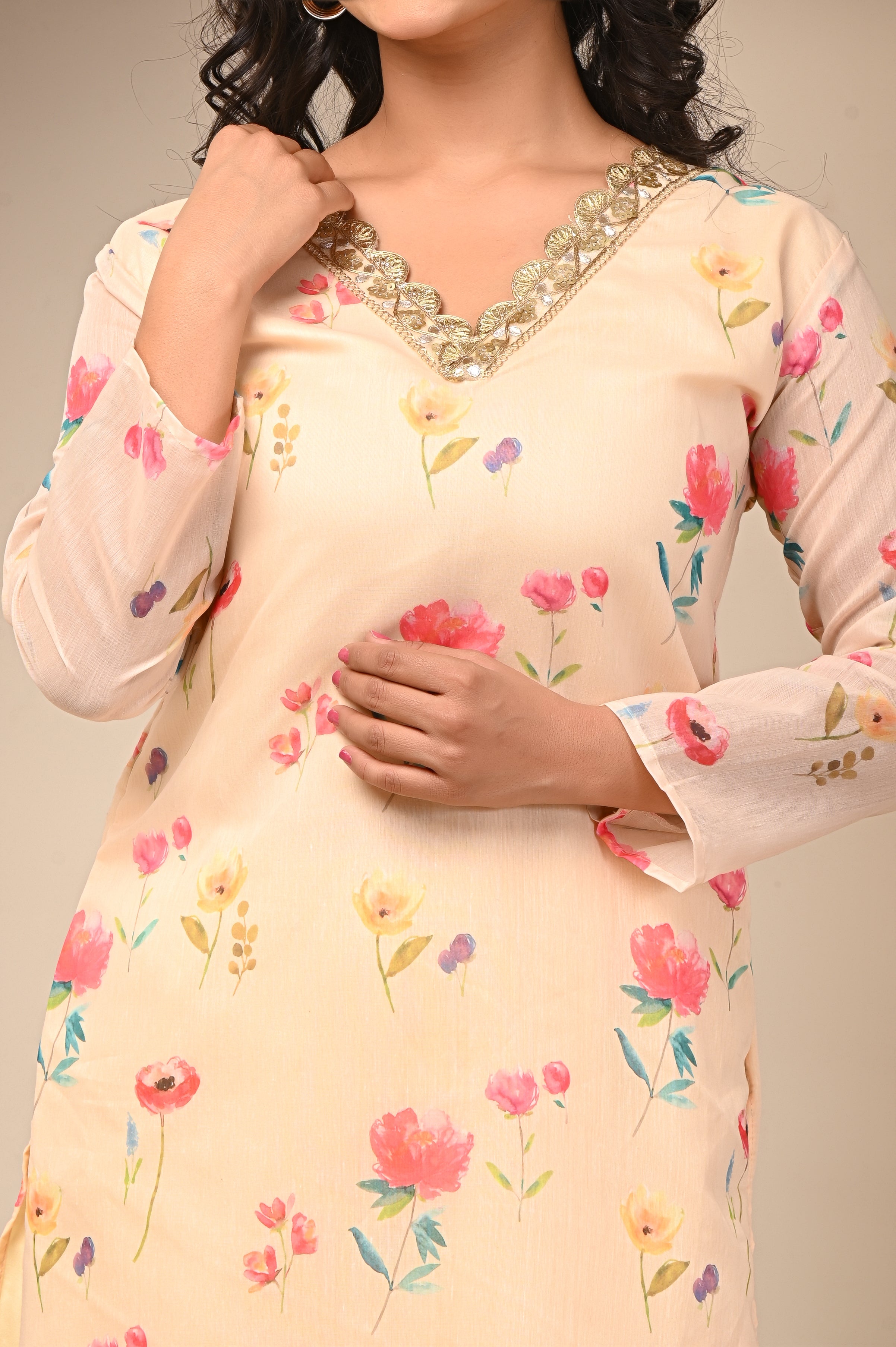 Cotton Light Yellow- Pink Floral Women's Suit Set