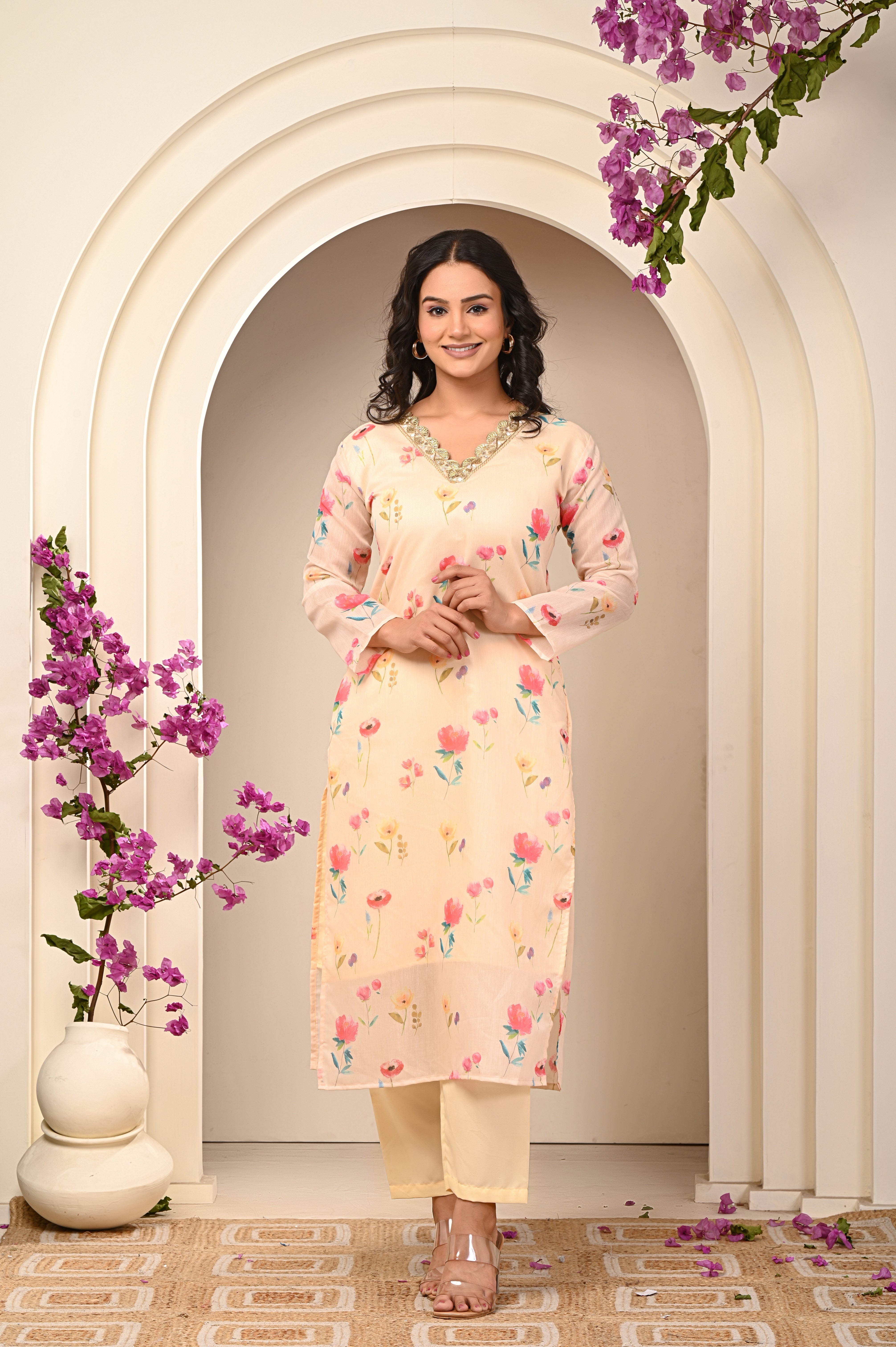 Cotton Light Yellow- Pink Floral Women's Suit Set