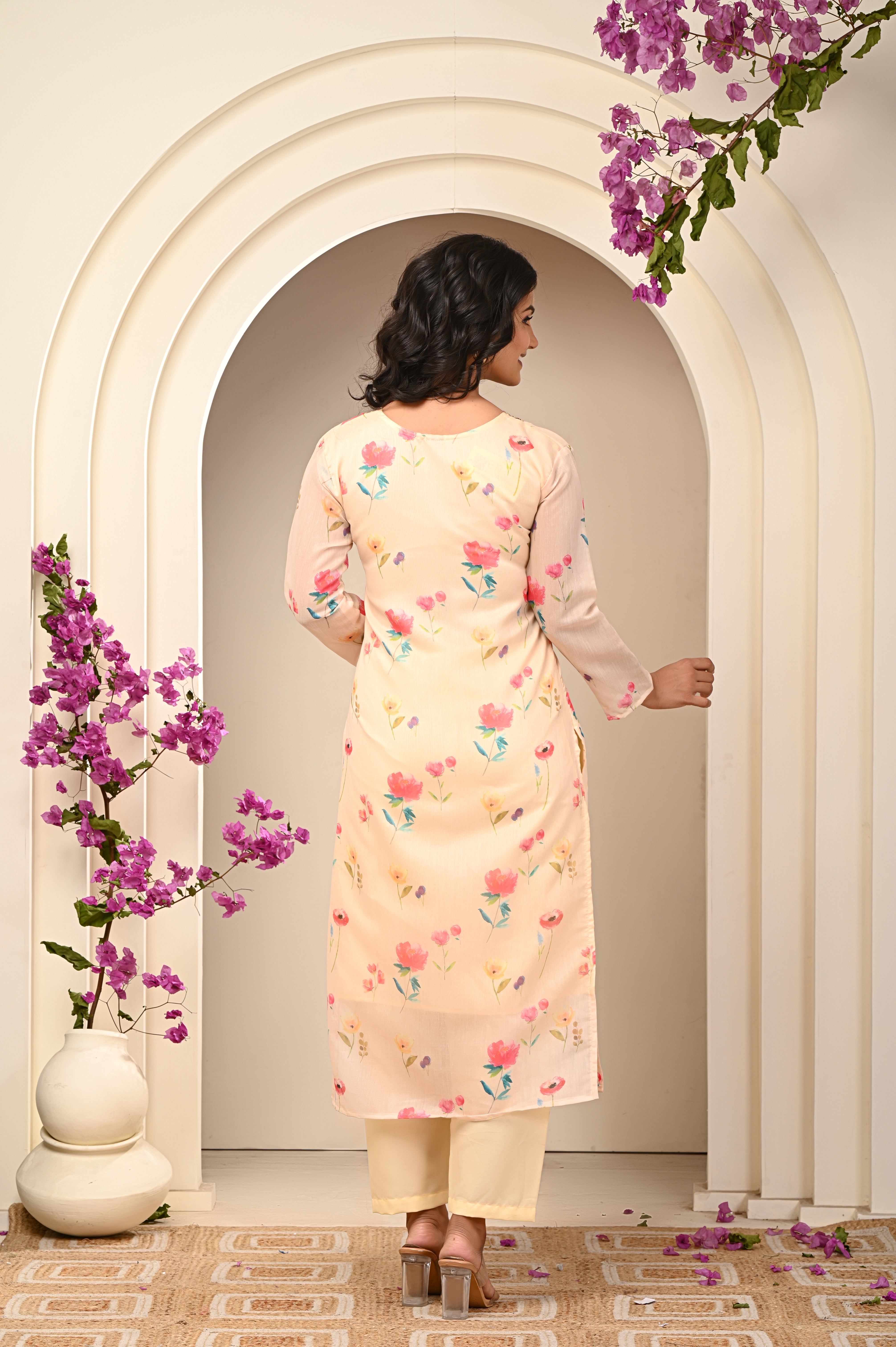 Cotton Light Yellow- Pink Floral Women's Suit Set