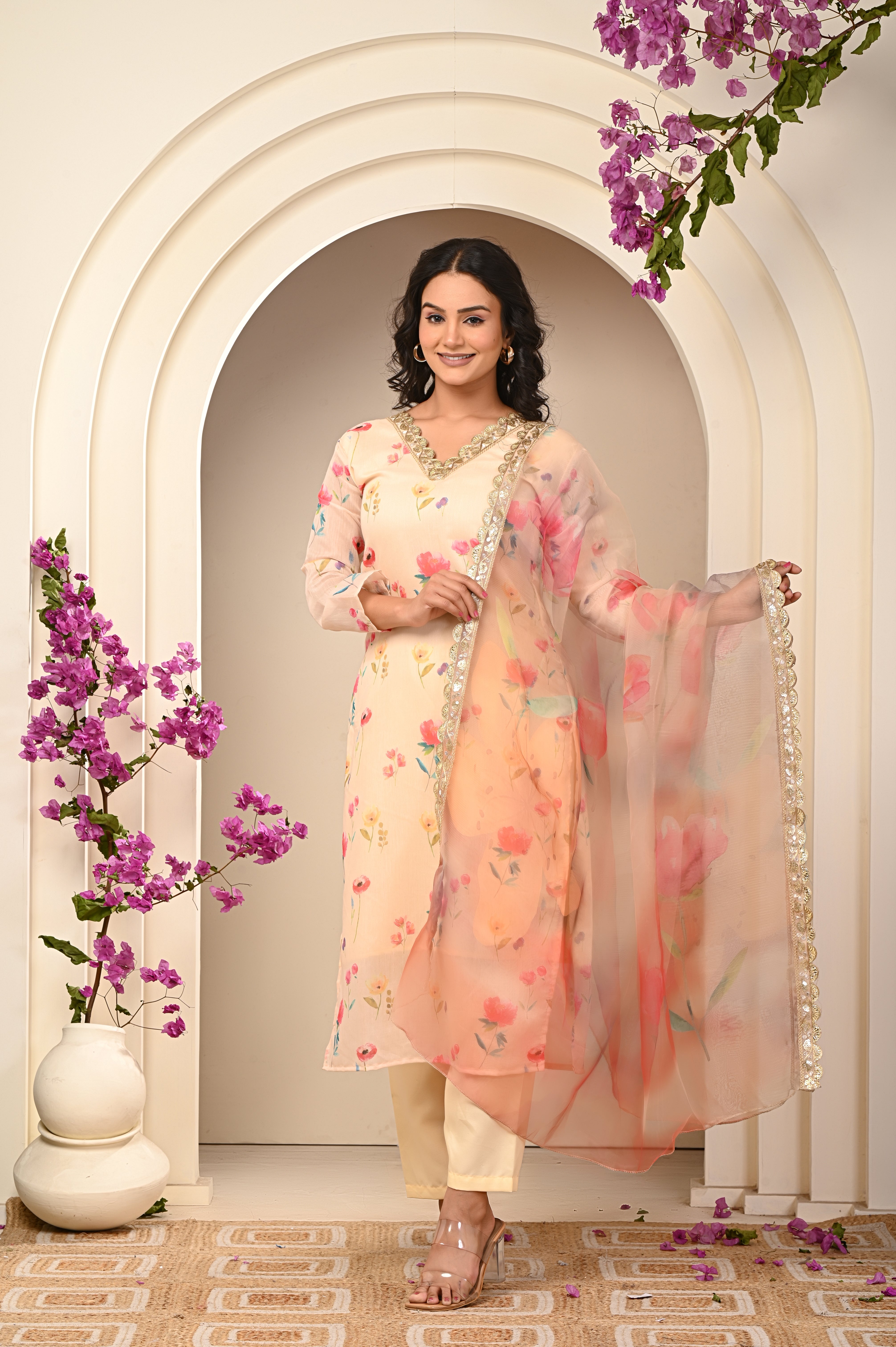 Cotton Light Yellow- Pink Floral Women's Suit Set
