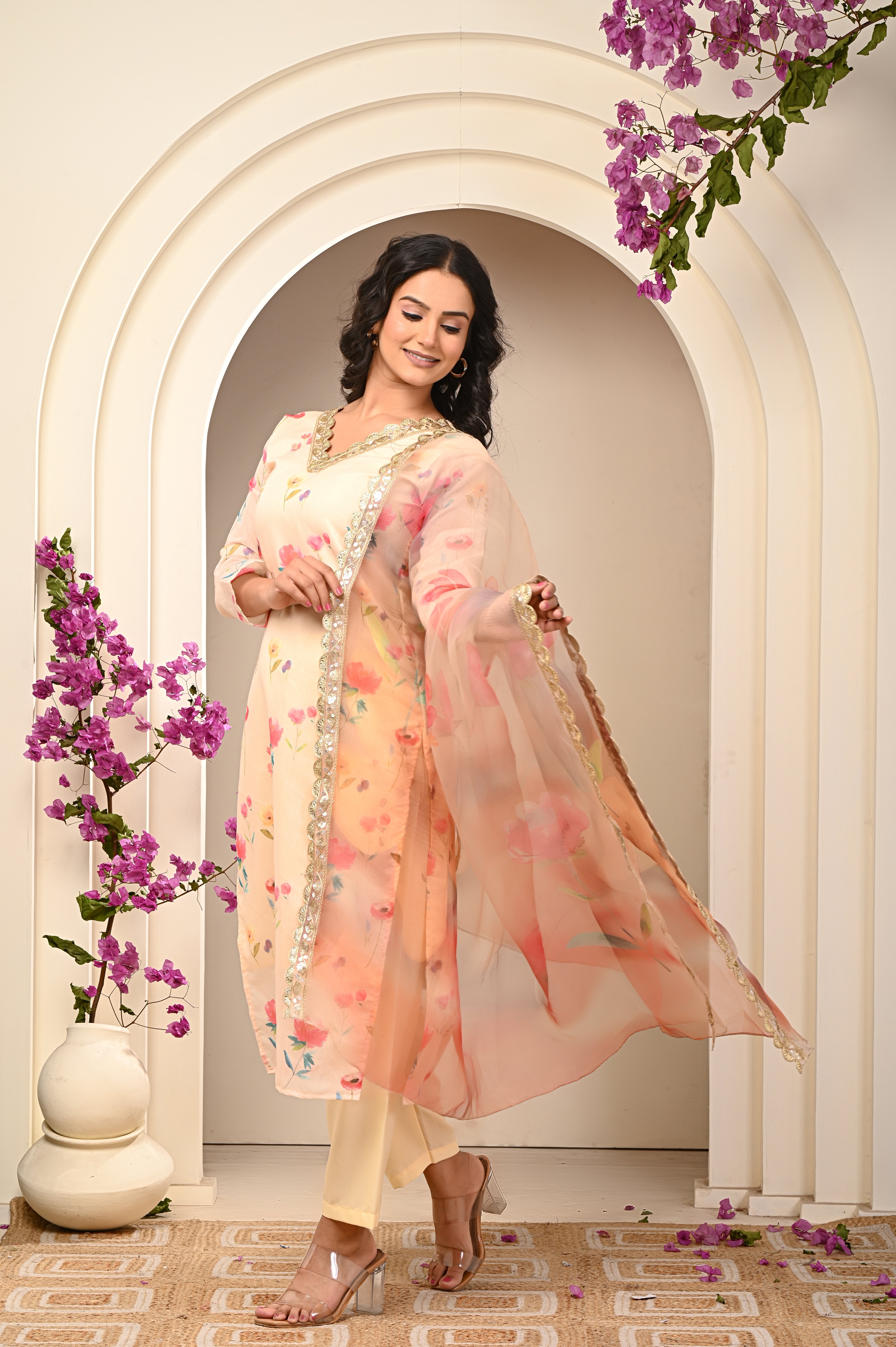 Cotton Light Yellow- Pink Floral Women's Suit Set