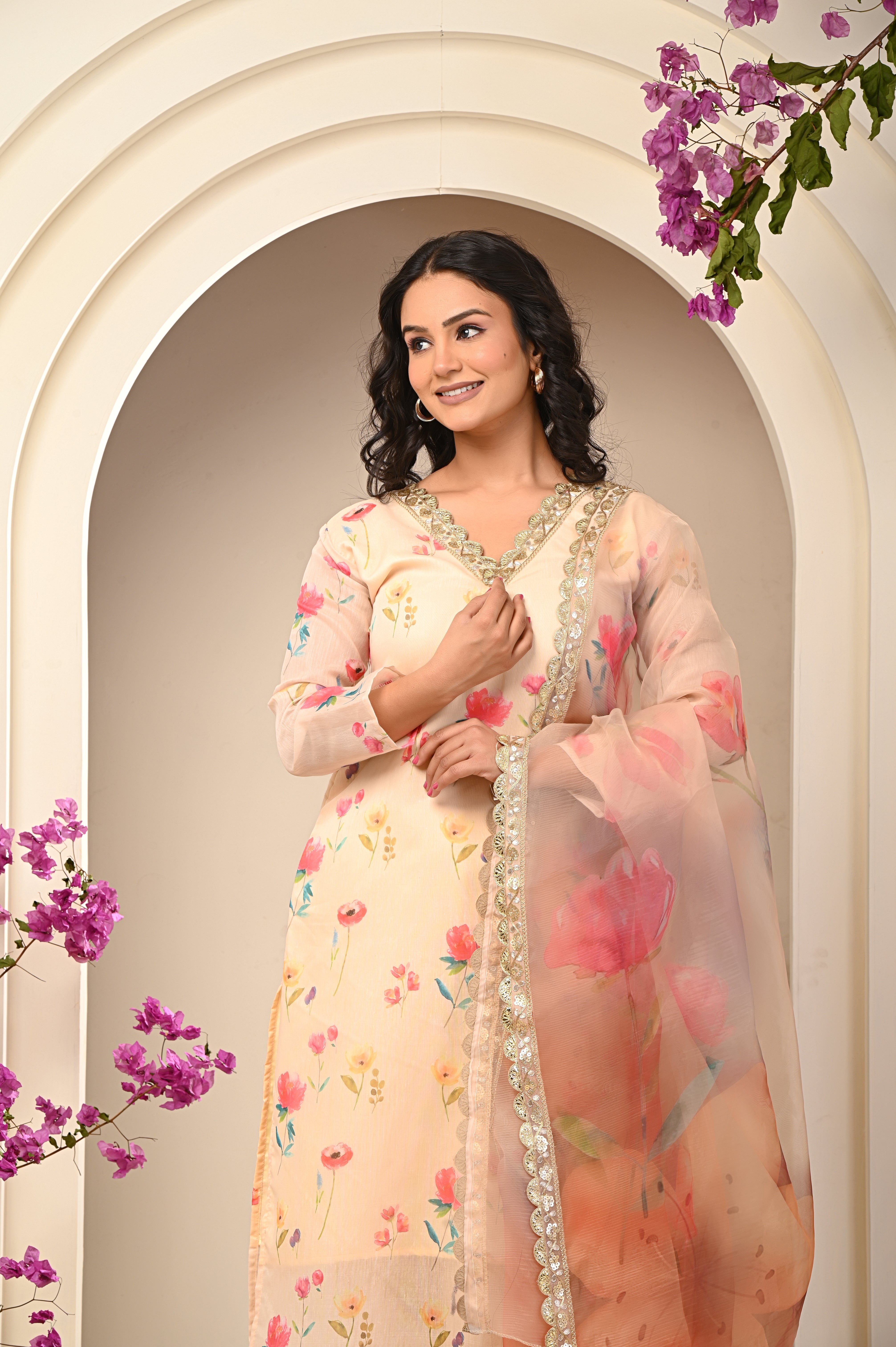 Cotton Light Yellow- Pink Floral Women's Suit Set