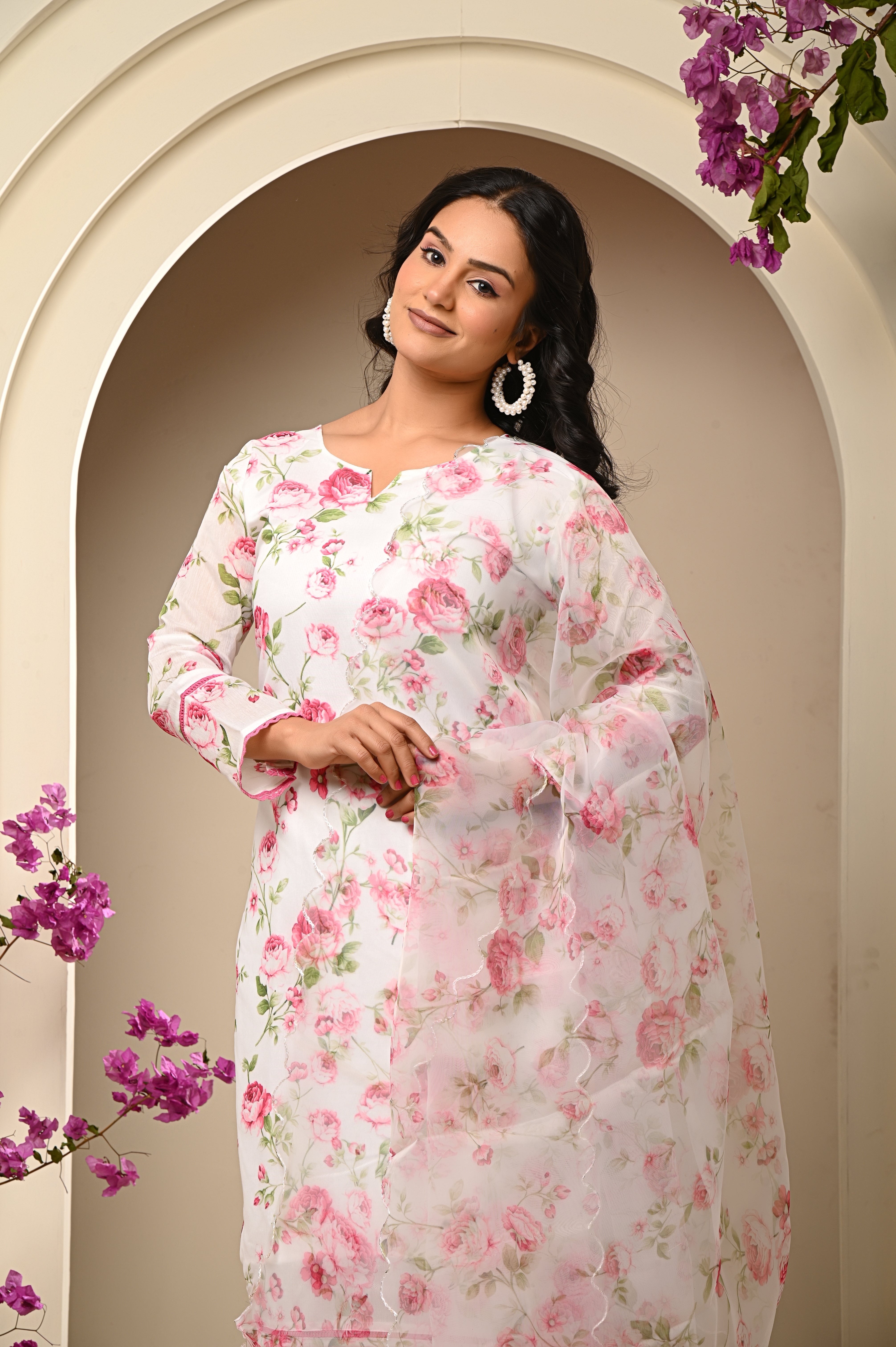 Cotton White - Pink Floral Women's Suit Set