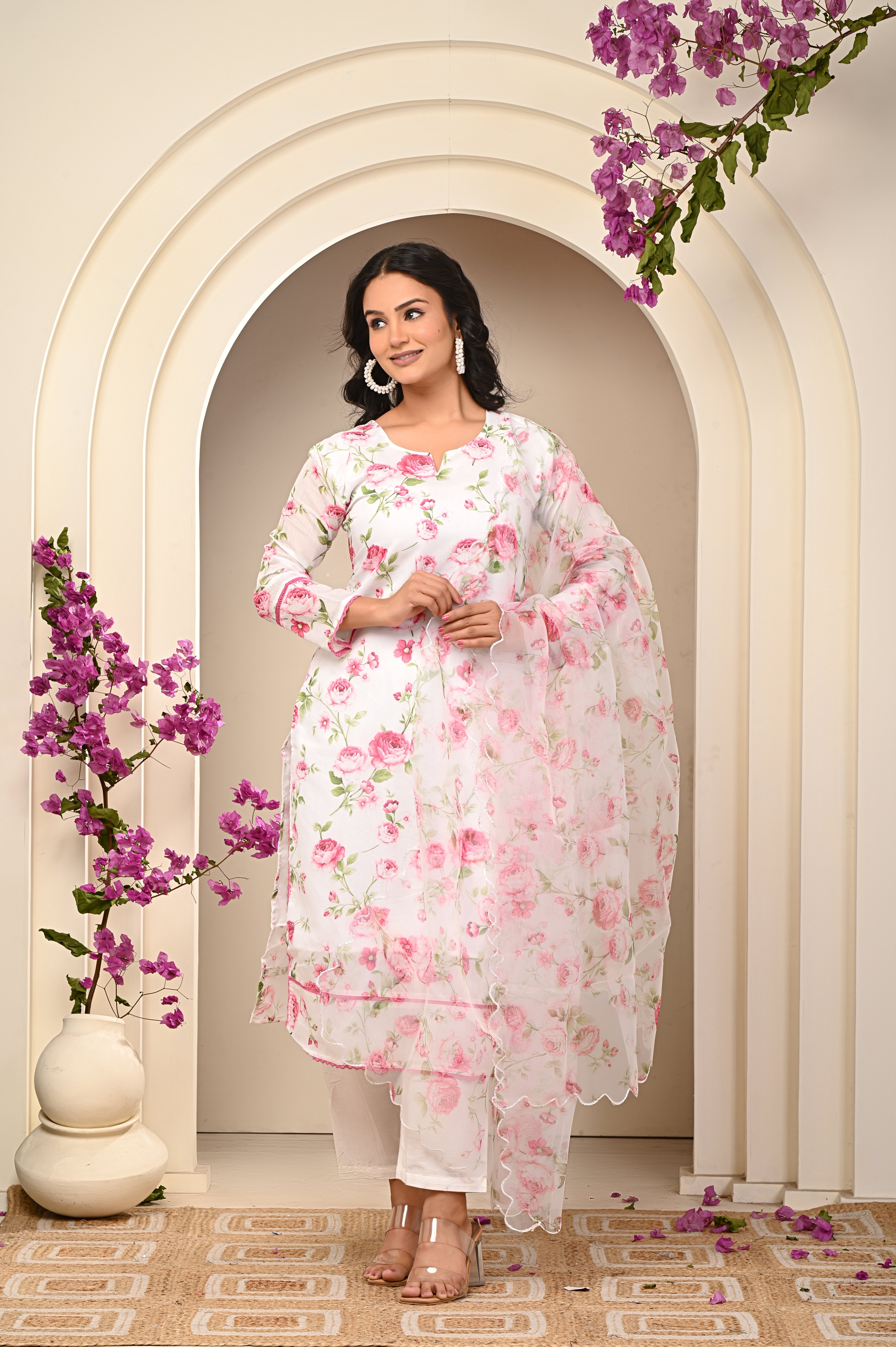 Cotton White - Pink Floral Women's Suit Set