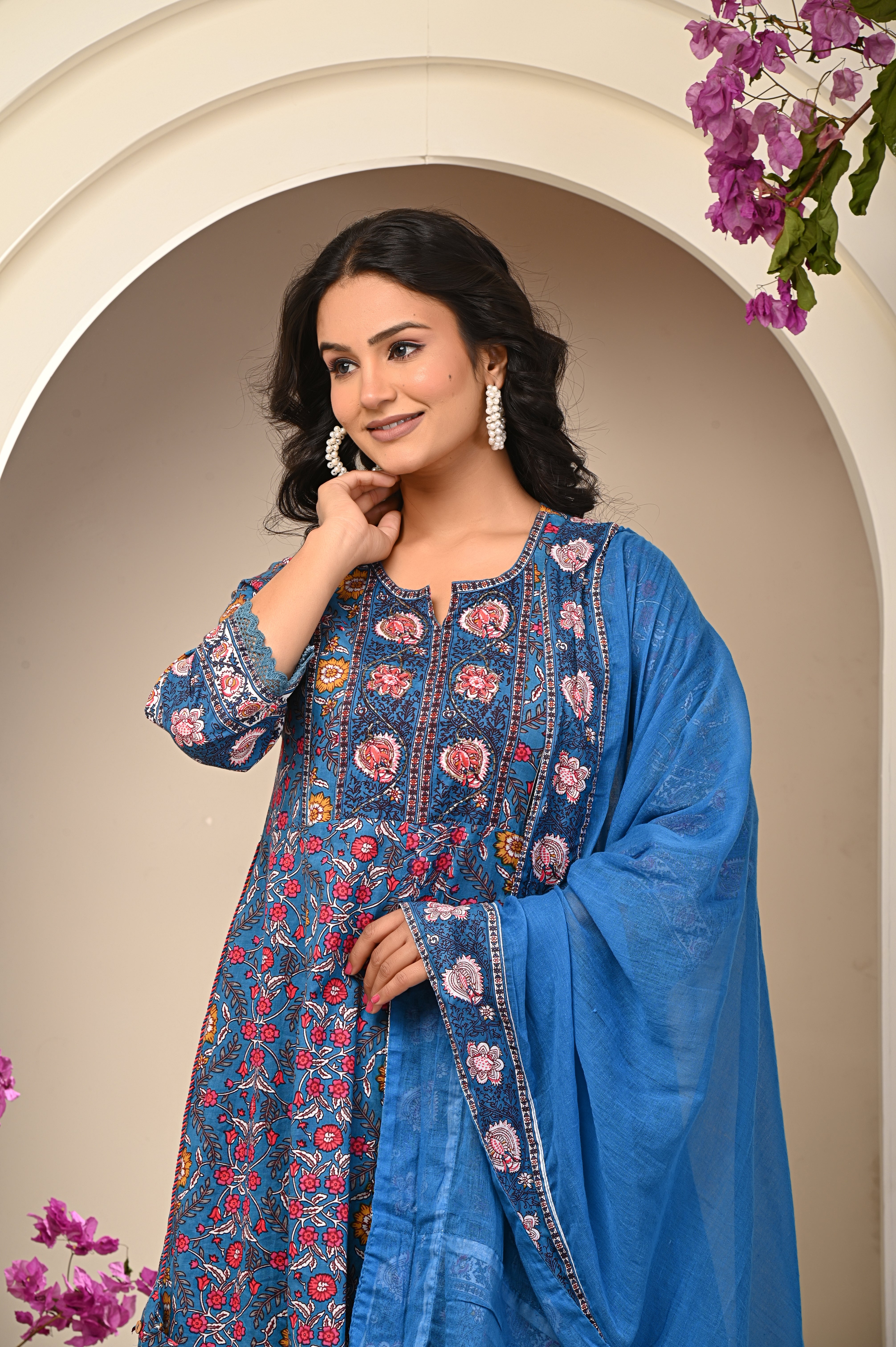 Cotton Sky Blue Floral Women's Suit Set