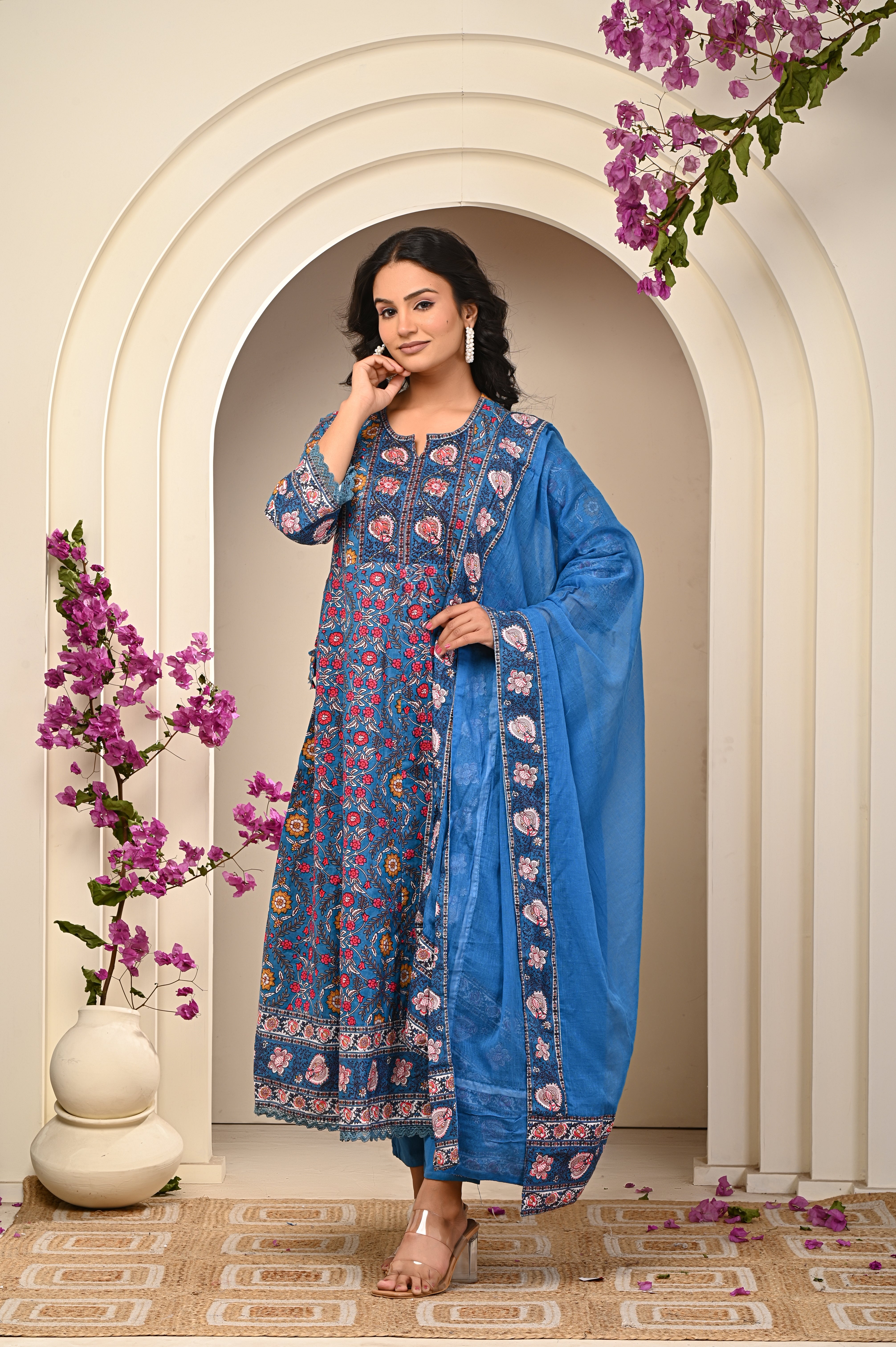 Cotton Sky Blue Floral Women's Suit Set