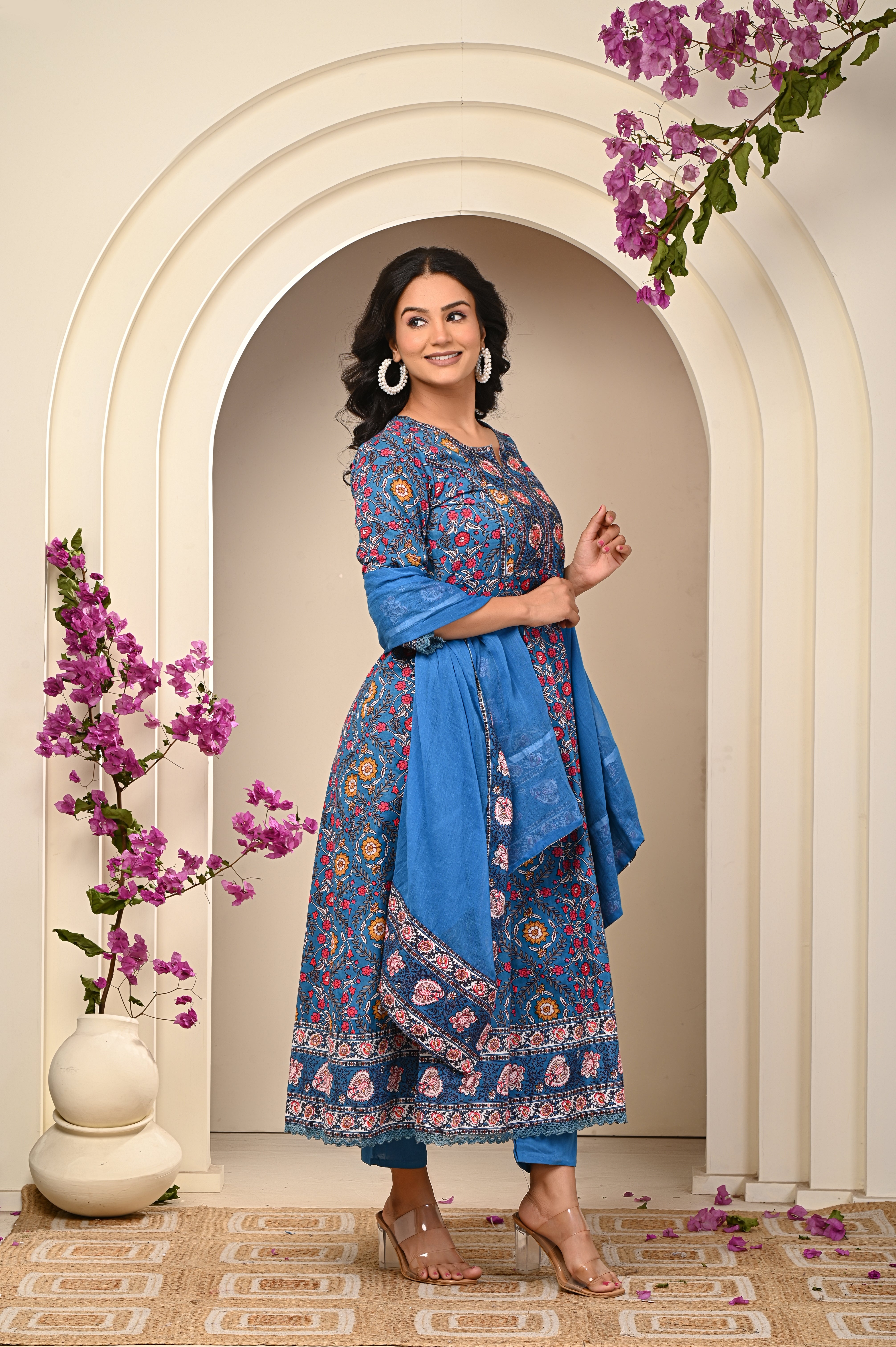 Cotton Sky Blue Floral Women's Suit Set