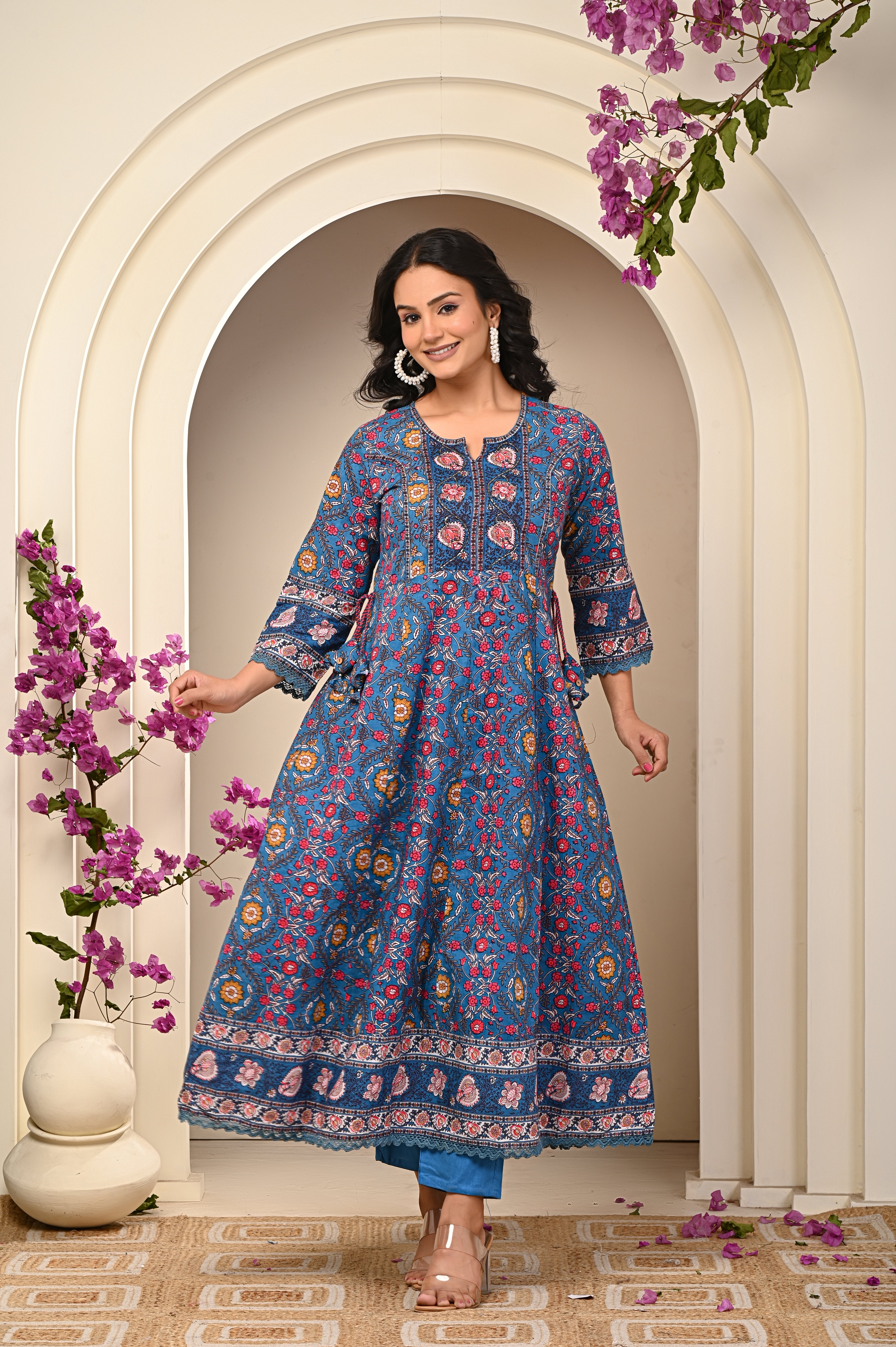 Cotton Sky Blue Floral Women's Suit Set