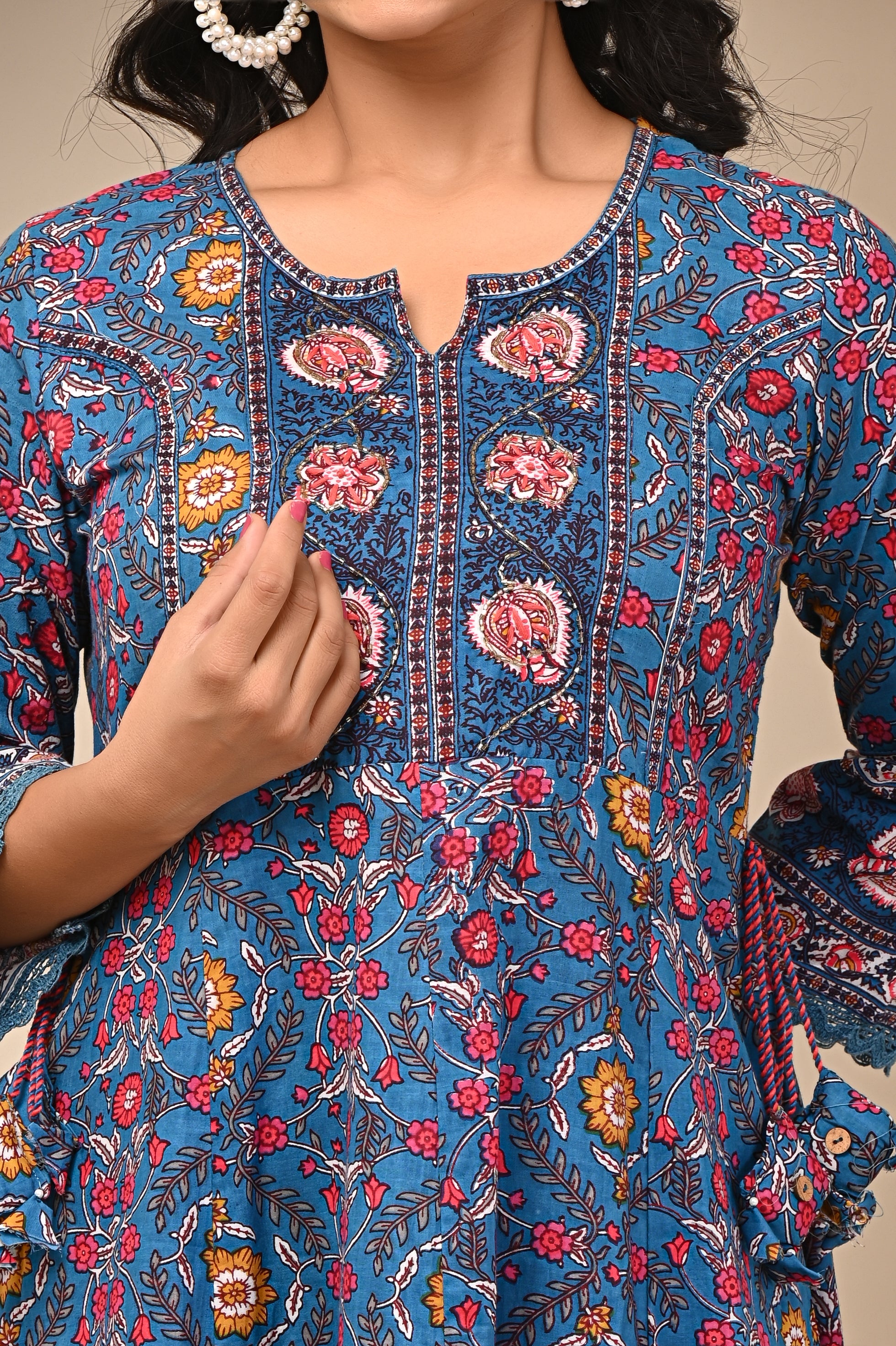 Cotton Sky Blue Floral Women's Suit Set