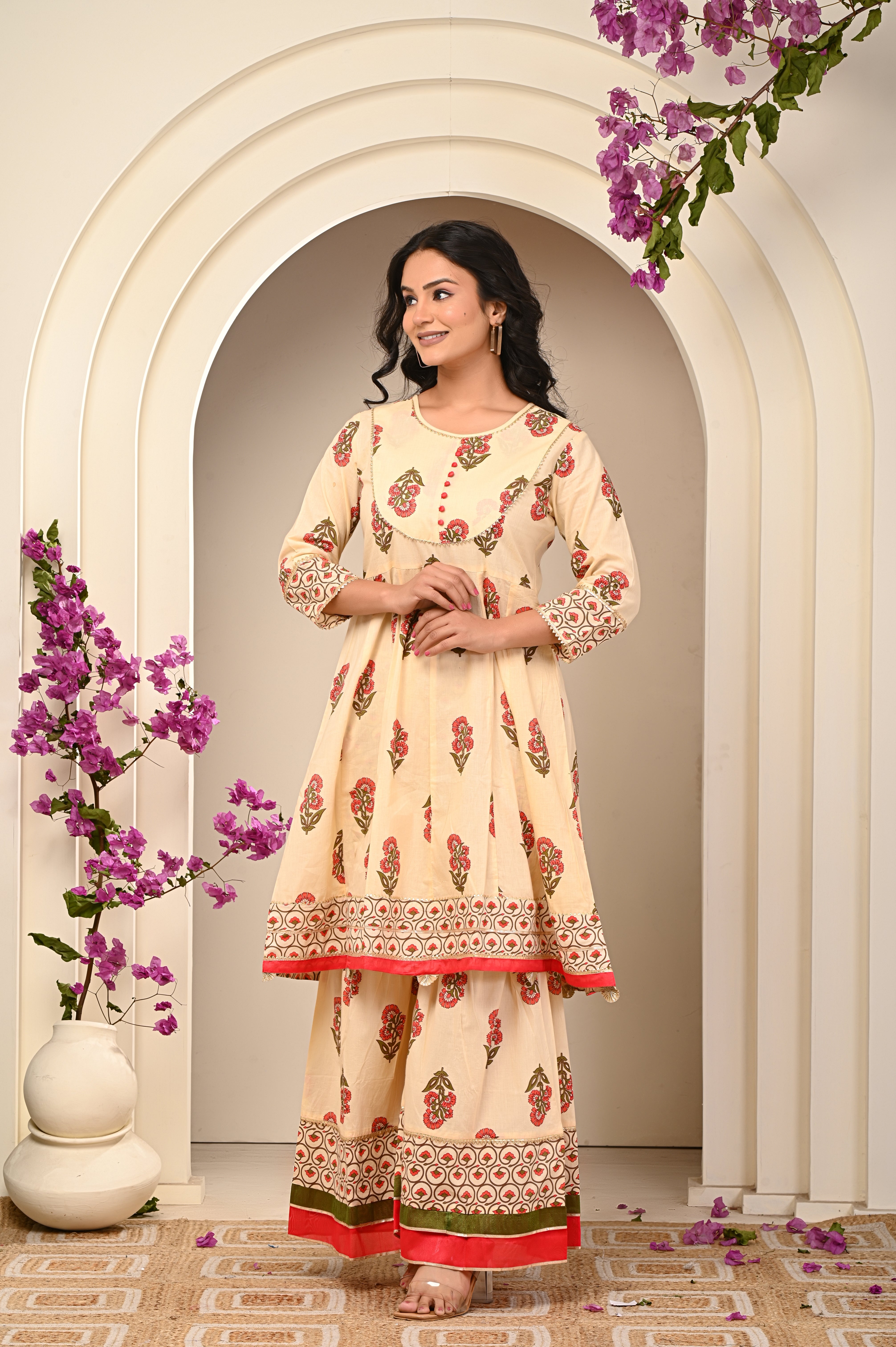 Cotton Yellow- Orange Floral Women's Suit Set