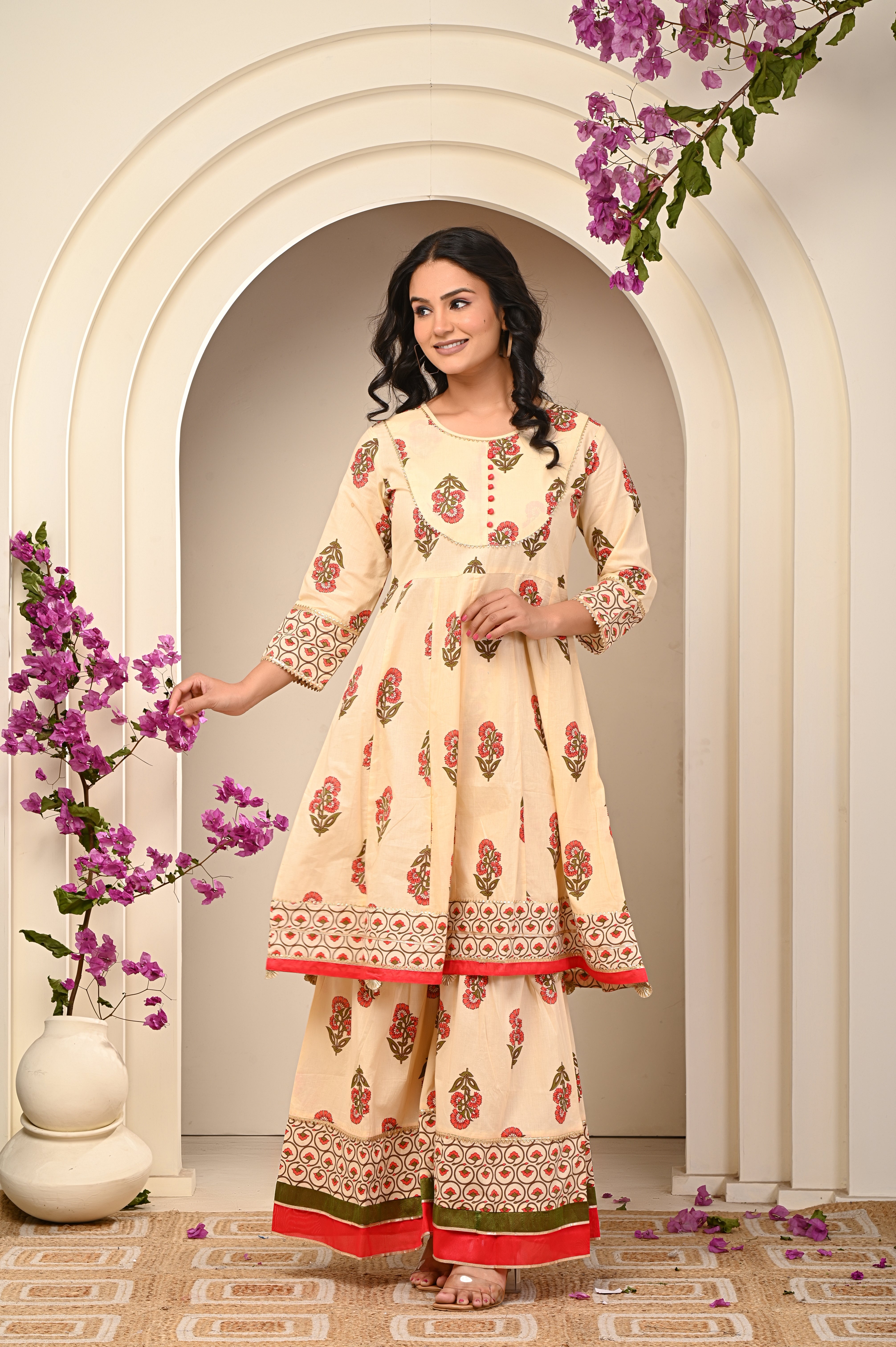 Cotton Yellow- Orange Floral Women's Suit Set