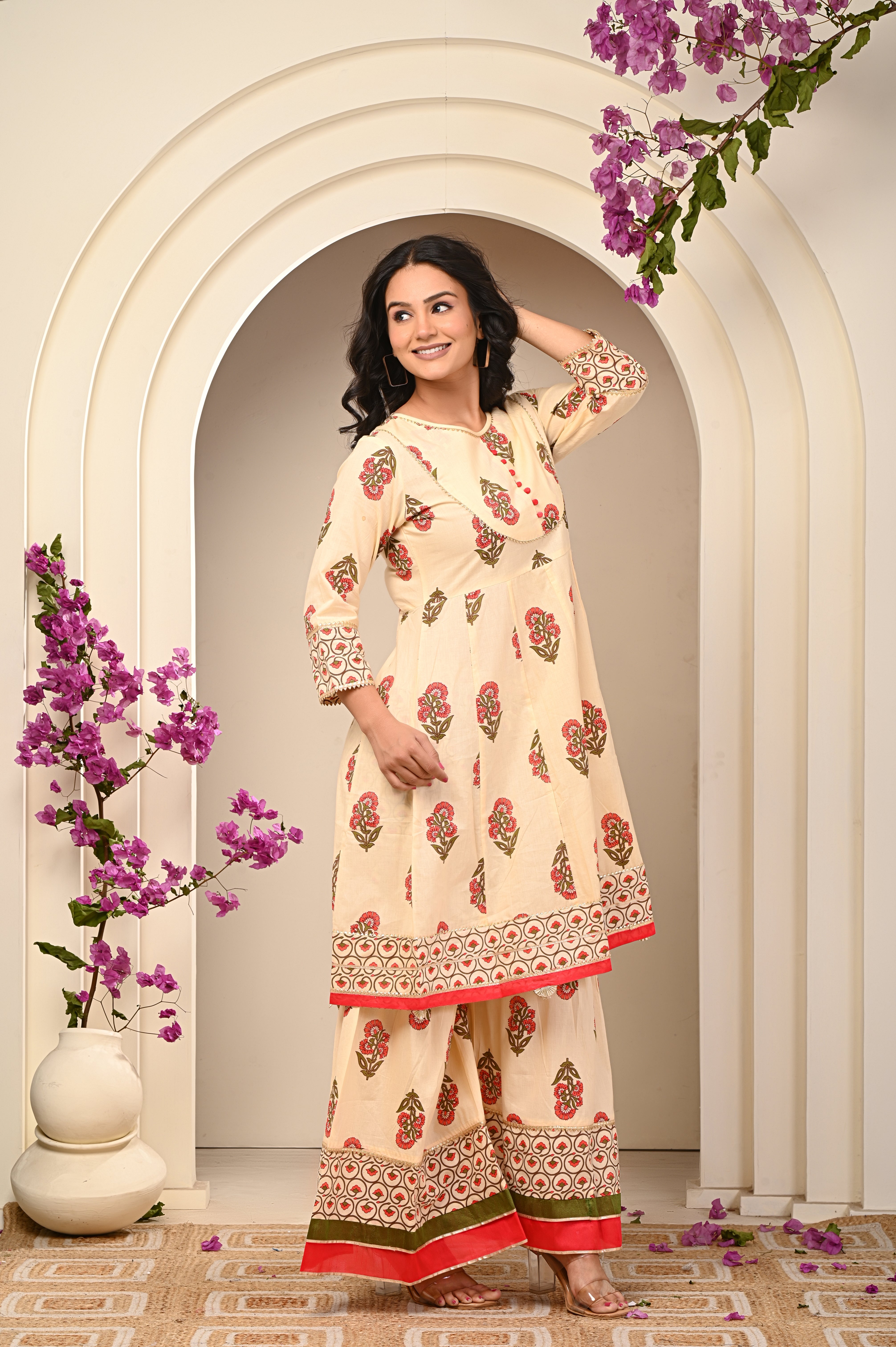 Cotton Yellow- Orange Floral Women's Suit Set