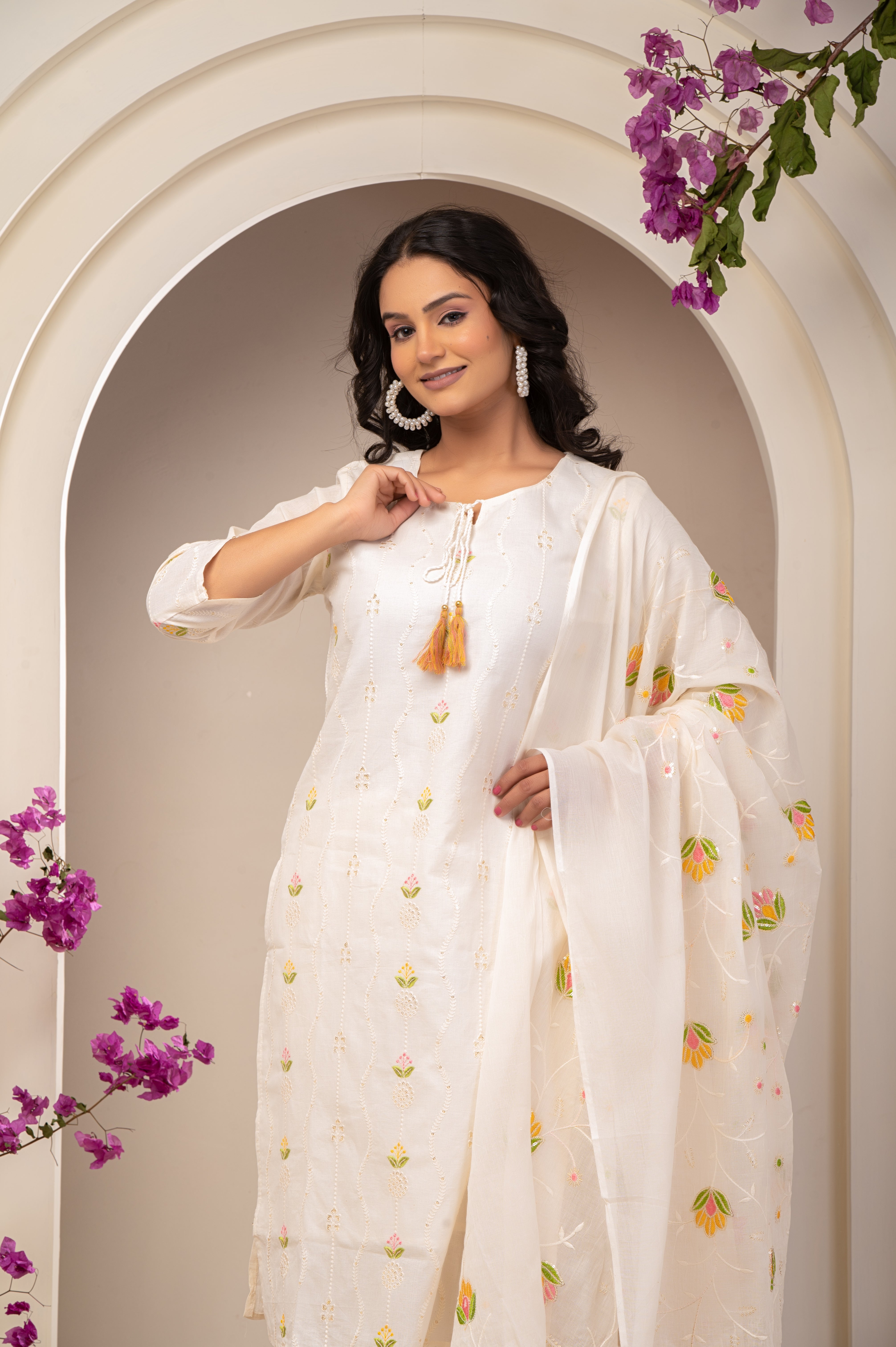 Cotton White Piton Work Floral Women's Suit Set