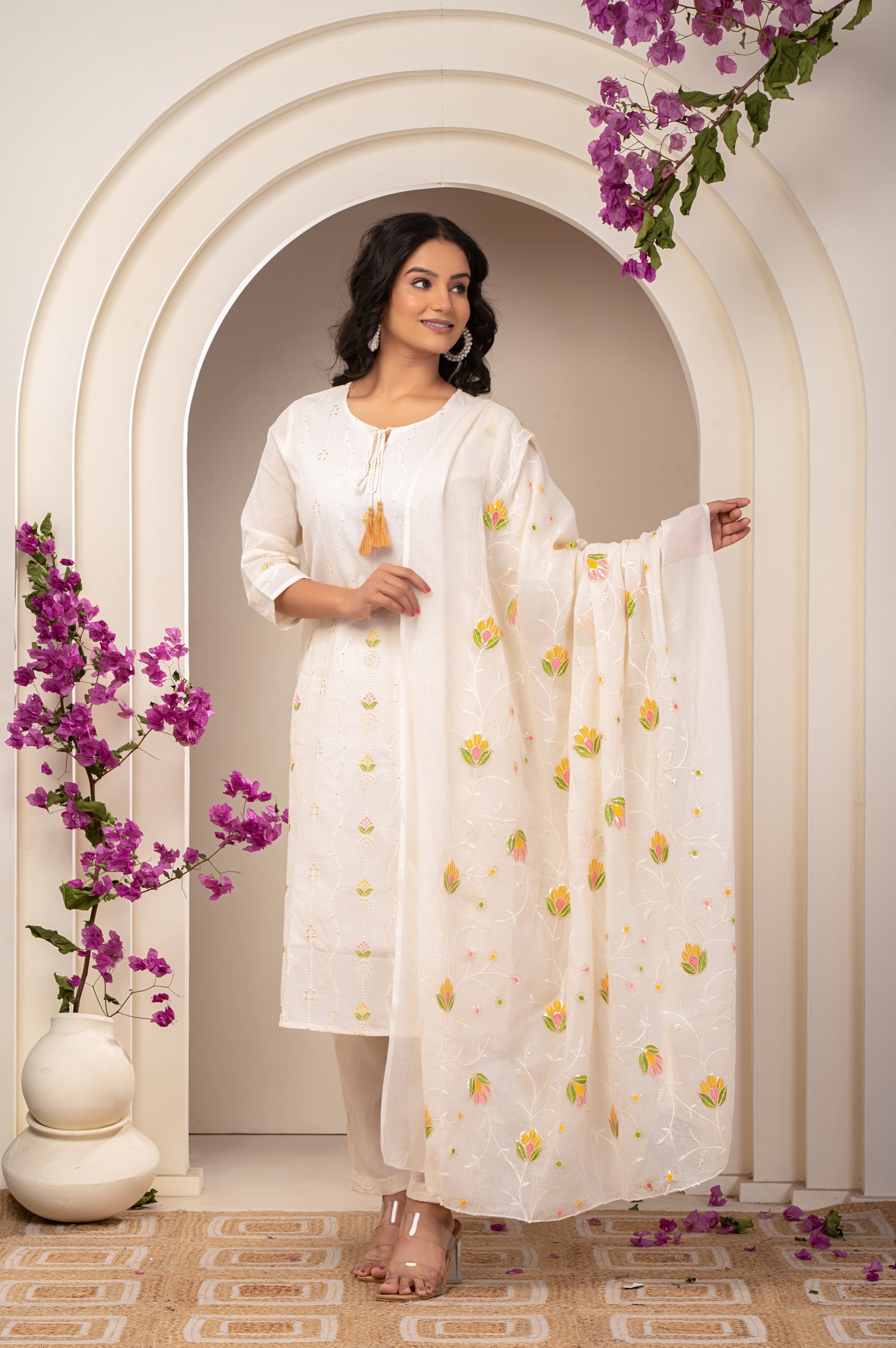 Cotton White Piton Work Floral Women's Suit Set