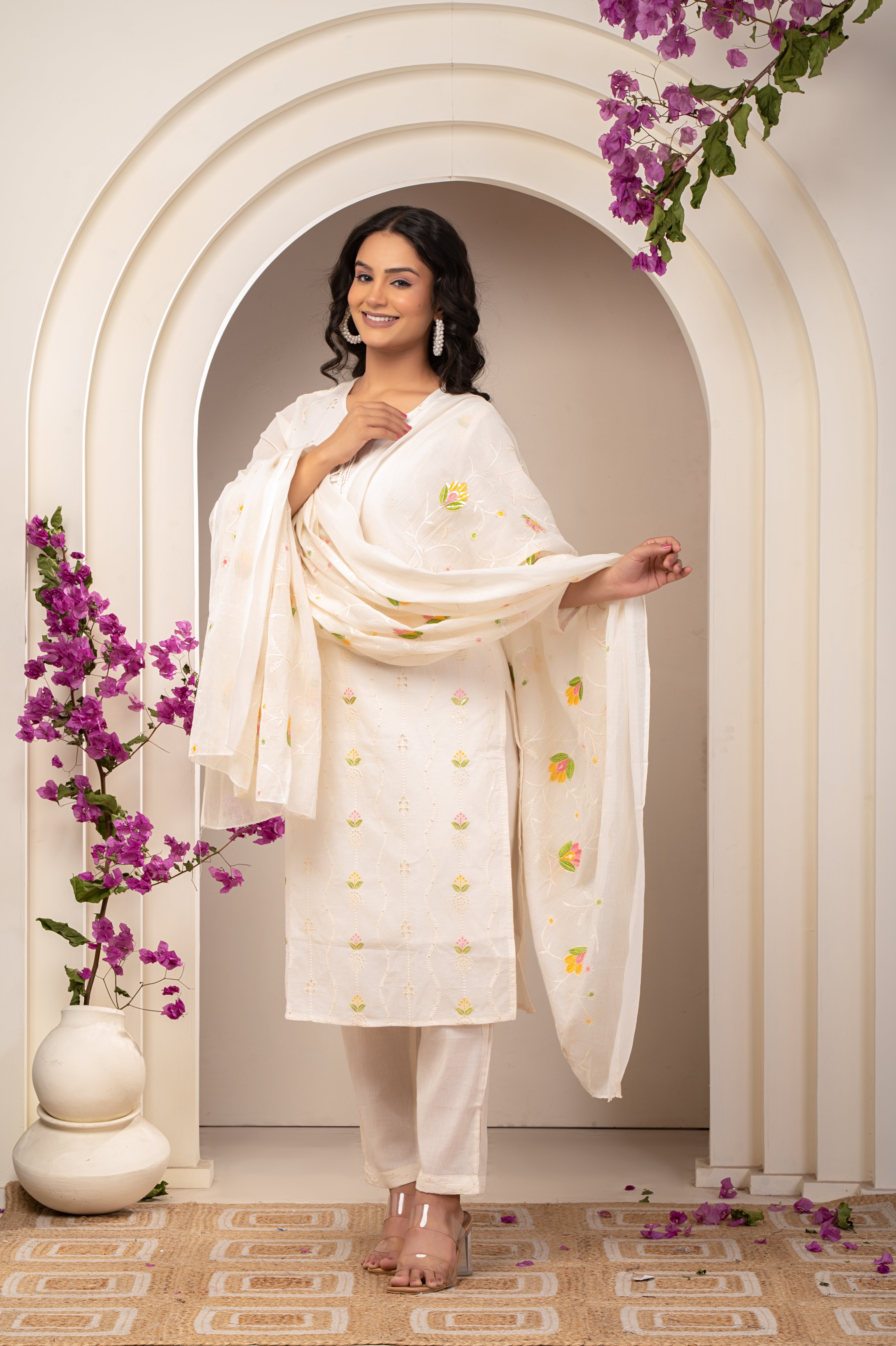 Cotton White Piton Work Floral Women's Suit Set