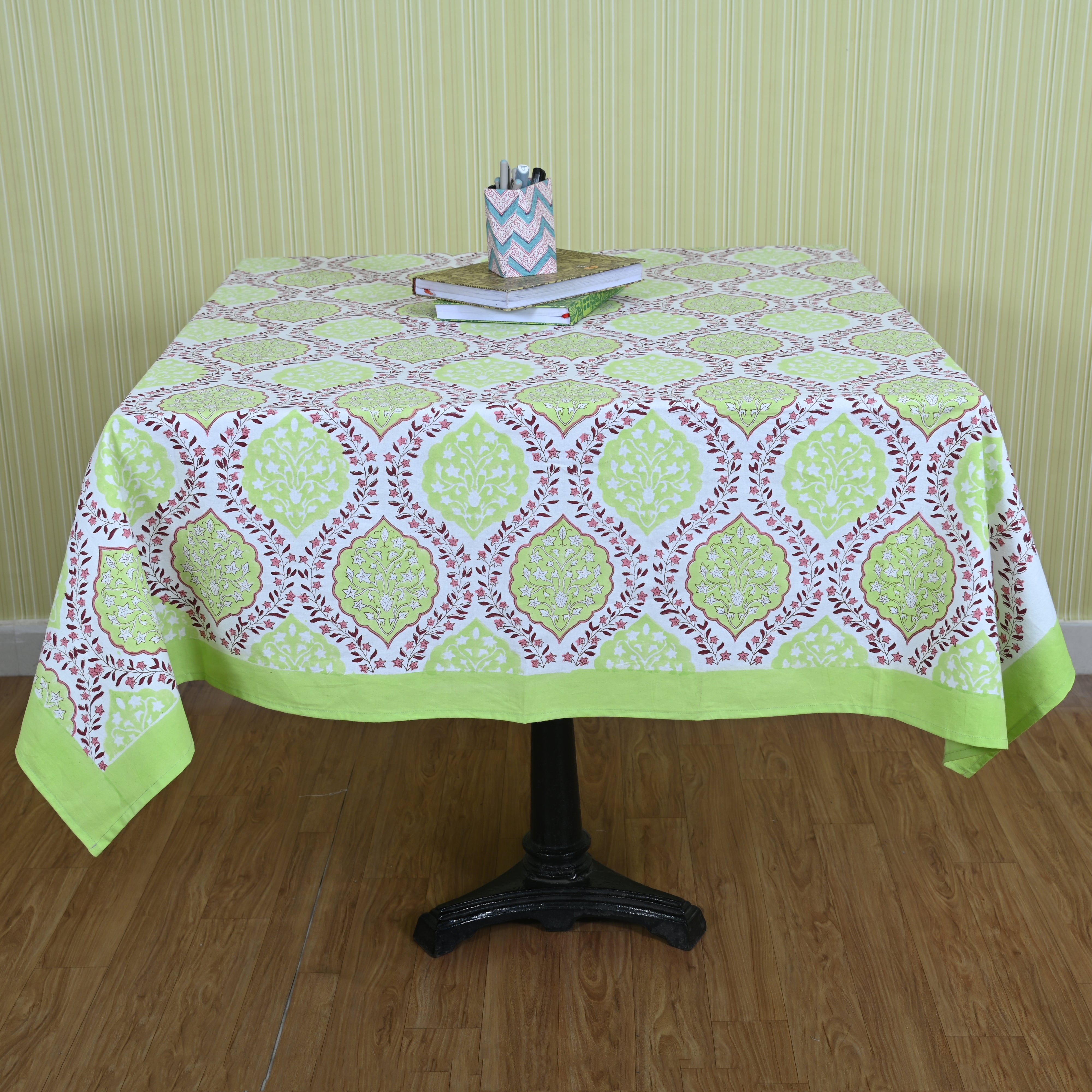 Cotton Table Cover Floral Ogee Block Print