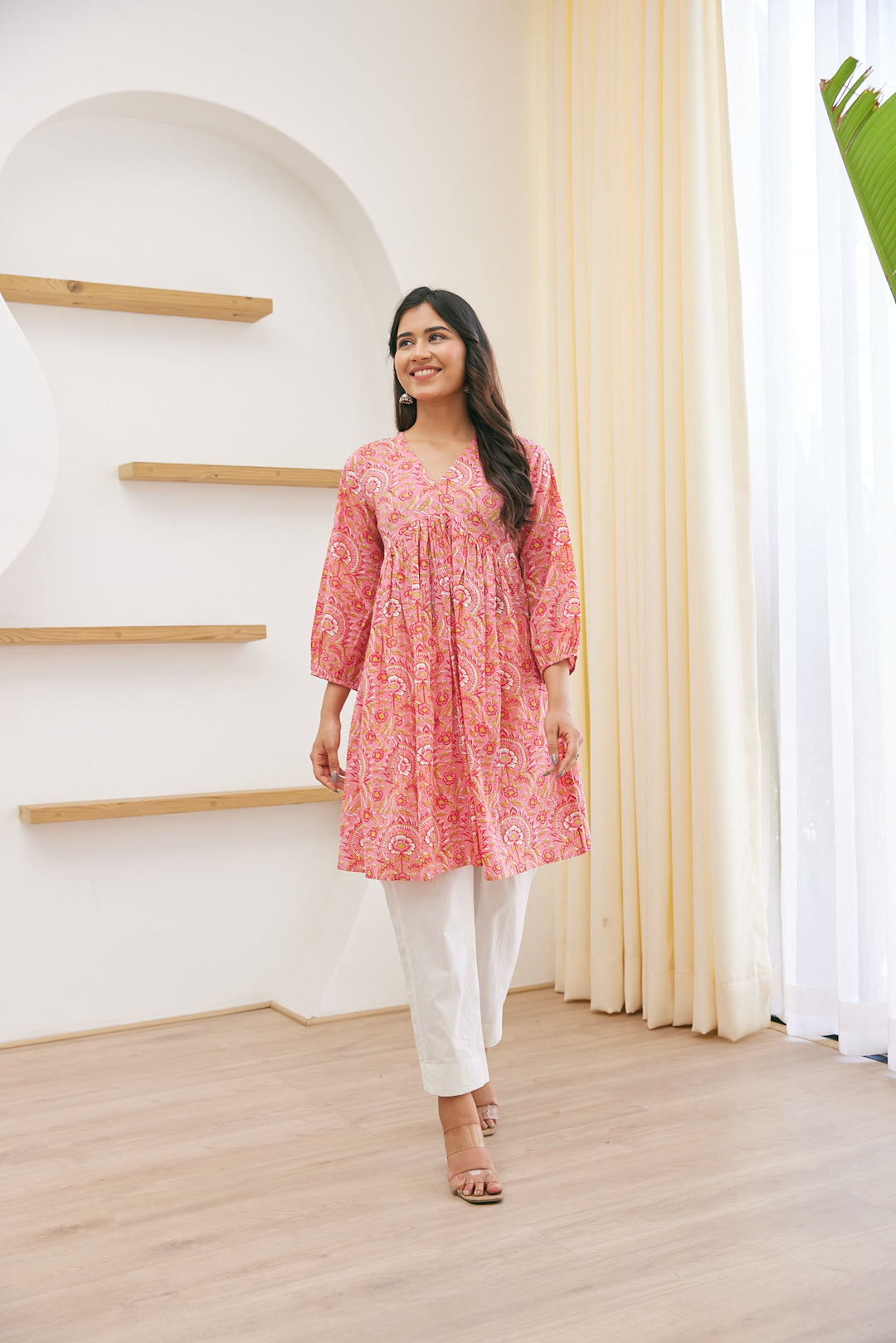 Frock Kurti Summer Short Frocks Cotton Pink Sun Flower Womens