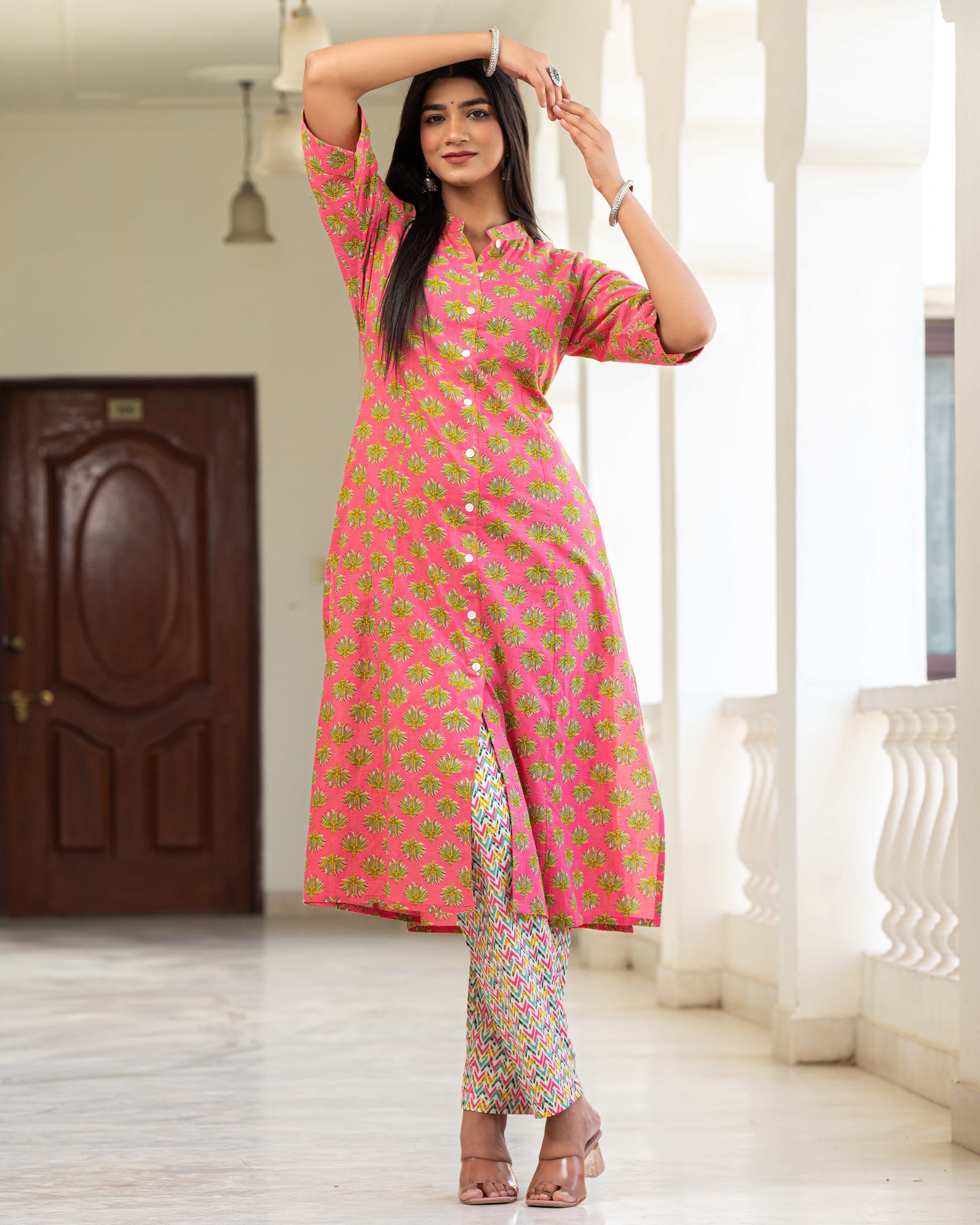 Cotton Pink Floral Print Kurta With Multi Color Zigzag Line Trouser