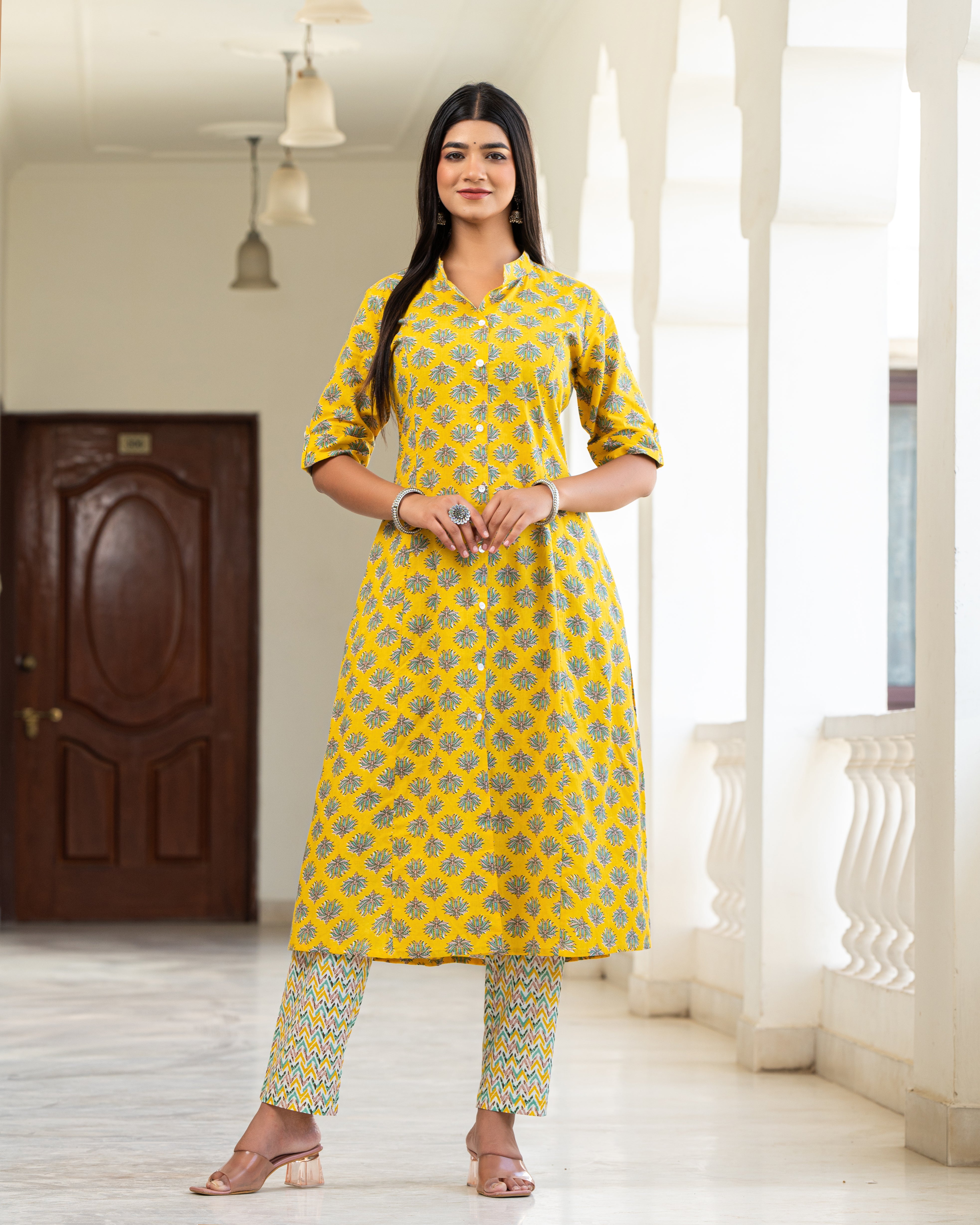 Cotton Yellow Floral Print Kurta With Multi Color Zigzag Line Trouser