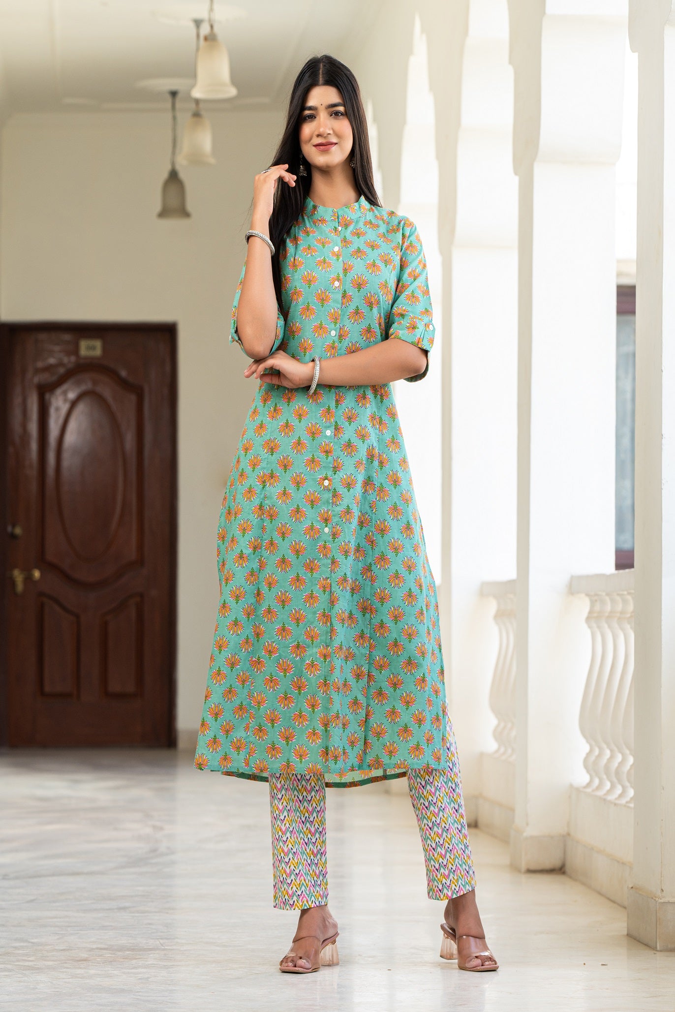Cotton Celadon-Green Floral Print Kurta With Multi Color Zigzag Line Trouser