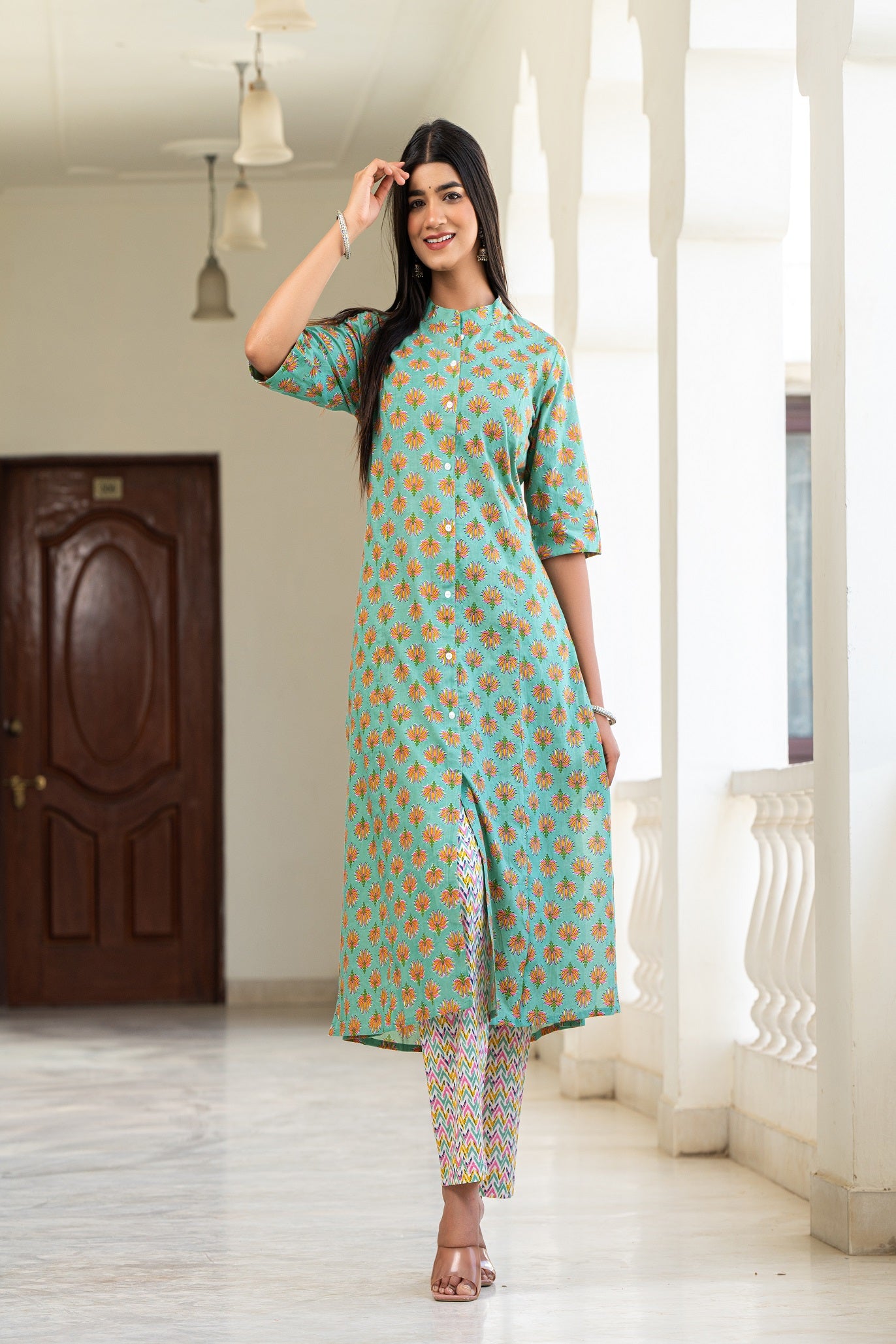 Cotton Celadon-Green Floral Print Kurta With Multi Color Zigzag Line Trouser