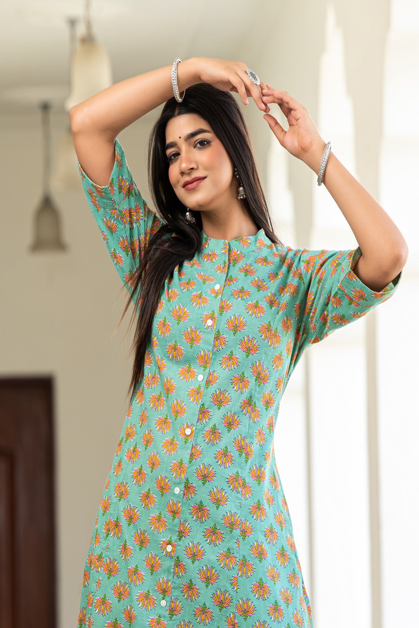 Cotton Celadon-Green Floral Print Kurta With Multi Color Zigzag Line Trouser