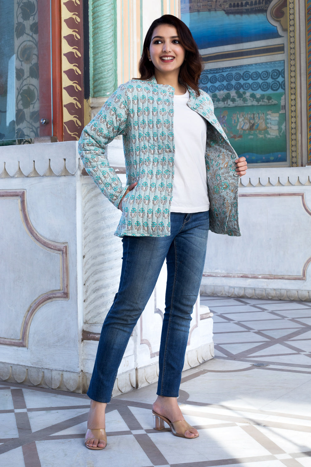 Cotton Quilted Reversible Full-Sleeve Jacket - Sage green and Grey - Buti - Phool