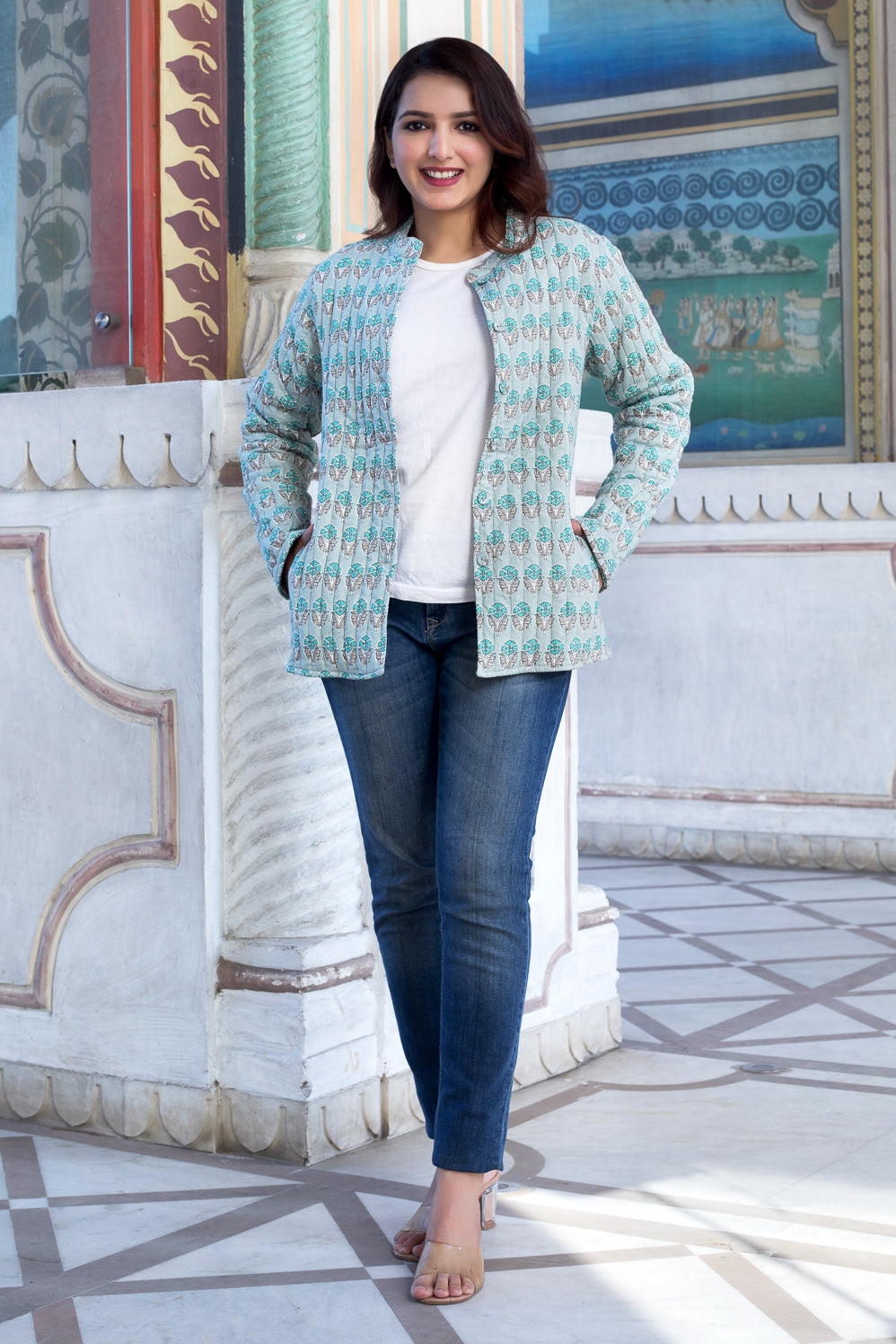 Cotton Quilted Reversible Full-Sleeve Jacket - Sage green and Grey - Buti - Phool