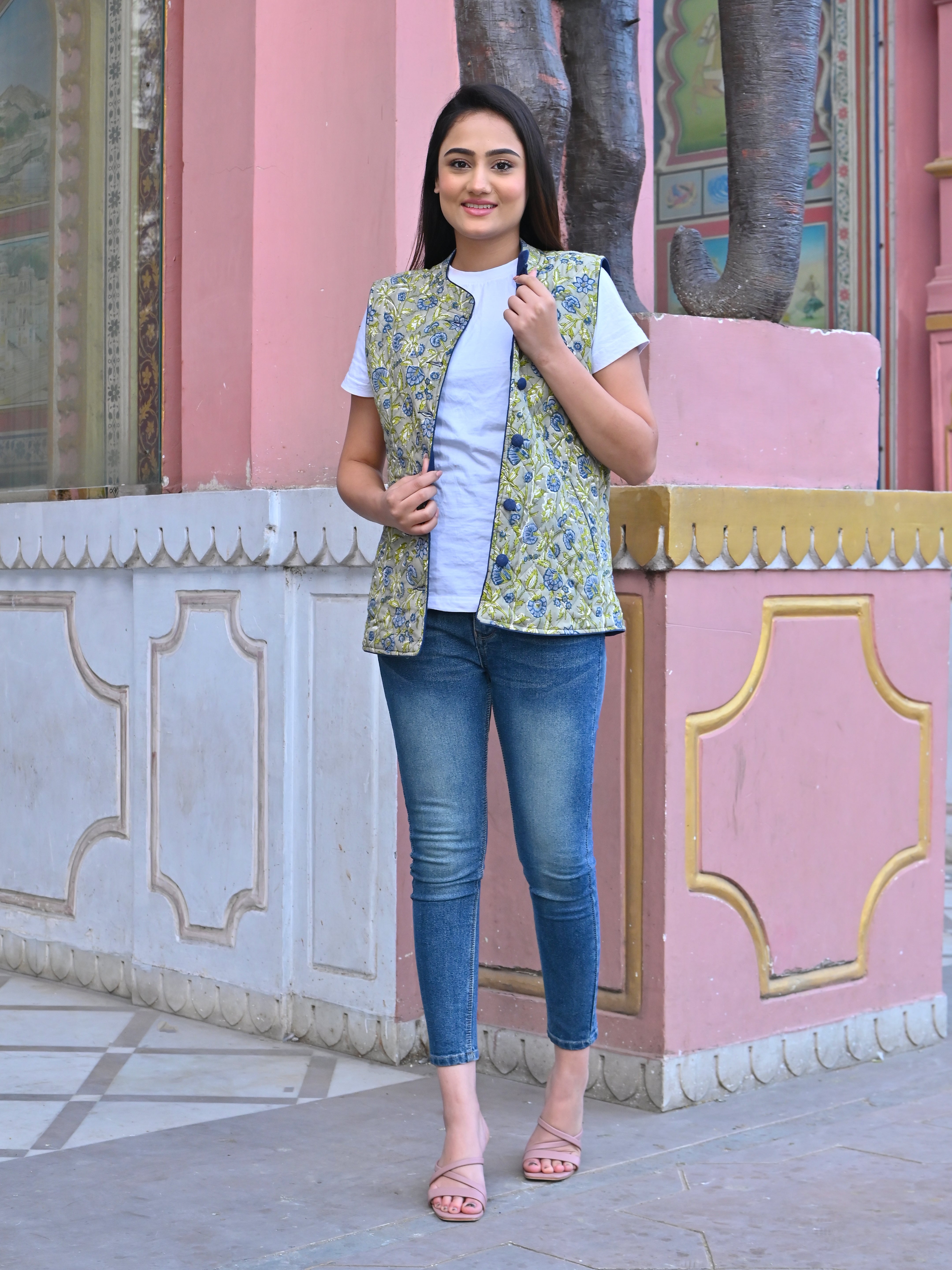 Cotton Quilted Sleeveless Jacket - Moss Green and Blue