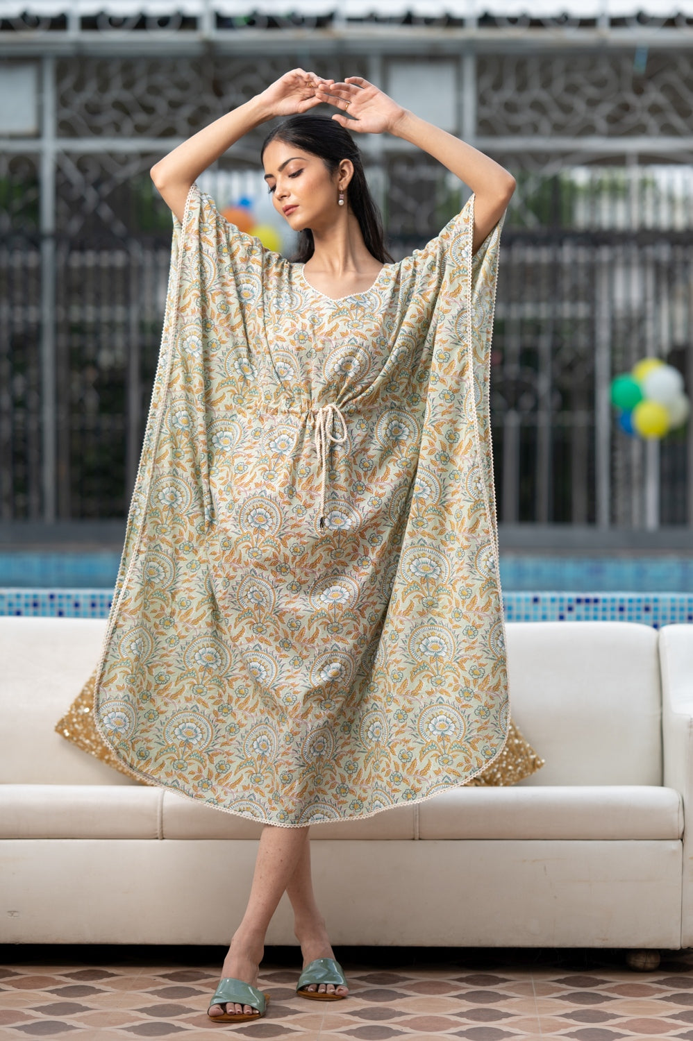 cotton long kaftan green flower print