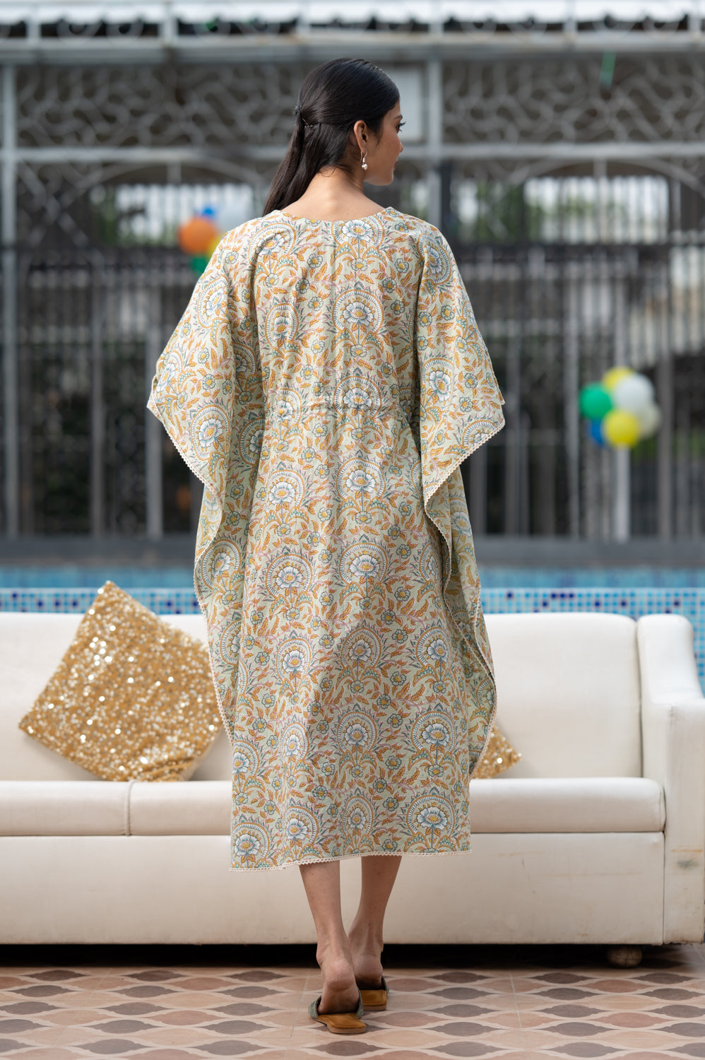 cotton long kaftan green flower print
